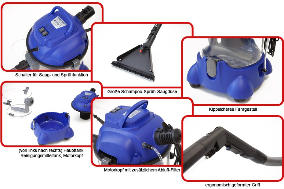 Waschsauger Polster + Teppich HYDRO 7500 inkl. 2l Shampoo - 4in1 Nass Trockensauger 1200 Watt 20l Volumen 16 kPa Saugleistung