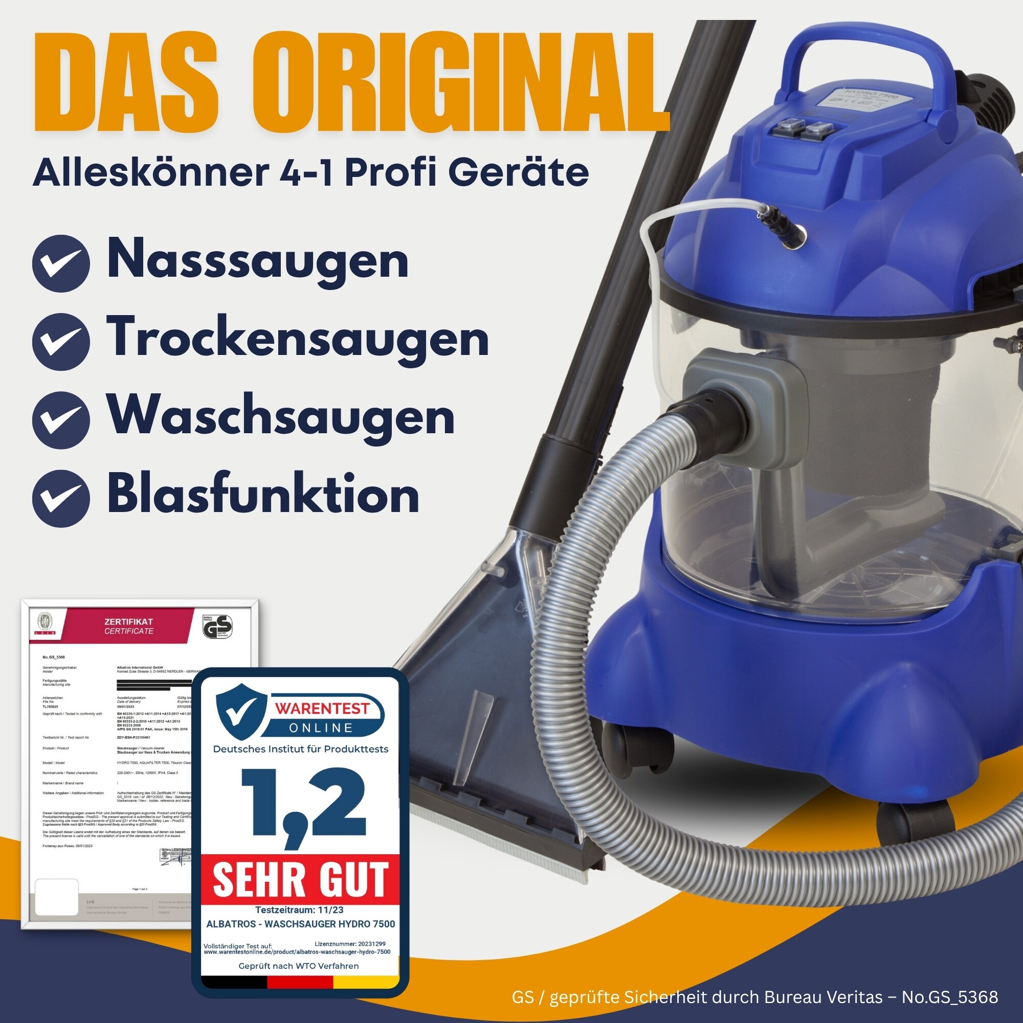 Waschsauger Polster + Teppich HYDRO 7500 - 4in1 Nass Trockensauger - 1200 Watt 20l Volumen 16 kPa Saugleistung