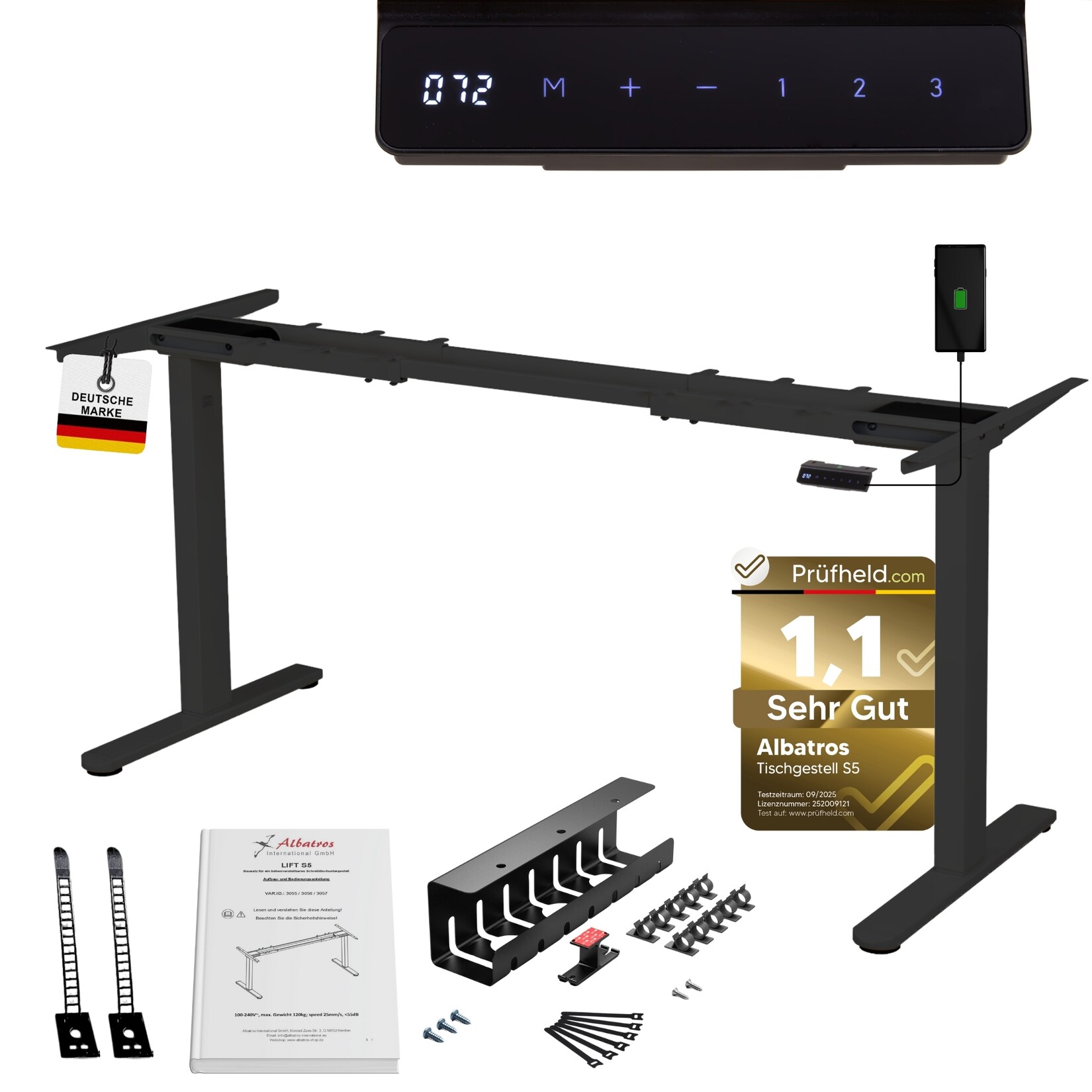 ALBATROS Schreibtisch-Gestell Lift S5B + Kabelkanal, Schwarz, 2X Motoren, elektrisch höhenverstellbar mit Memory-Funktion, Kollisionsschutz und Soft-Start/Stop