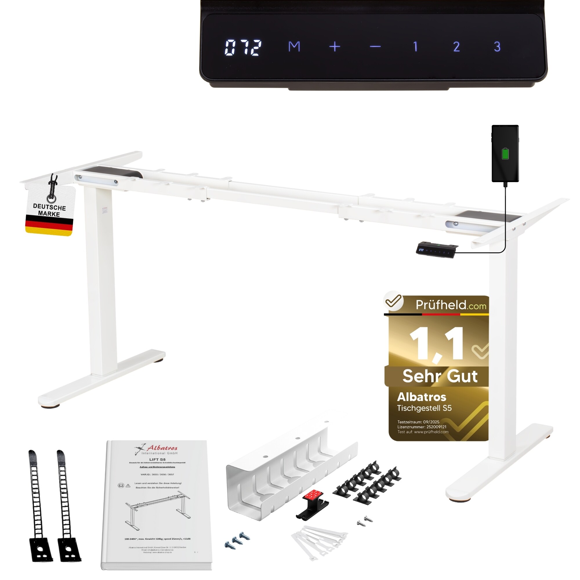 ALBATROS Schreibtisch-Gestell Lift S5W + Kabelkanal, Wei&szlig;, 2X Motoren, elektrisch h&ouml;henverstellbar mit Memory-Funktion, Kollisionsschutz und Soft-Start/Stop - Bild 1