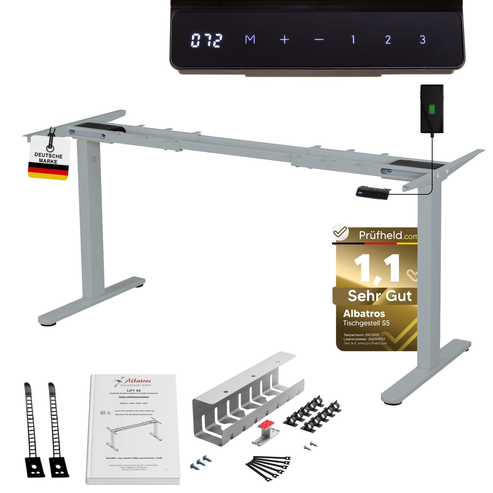 ALBATROS Schreibtisch-Gestell Lift S5S + Kabelkanal, Silber, 2X Motoren, elektrisch höhenverstellbar mit Memory-Funktion, Kollisionsschutz und Soft-Start/Stop | 04250263741509