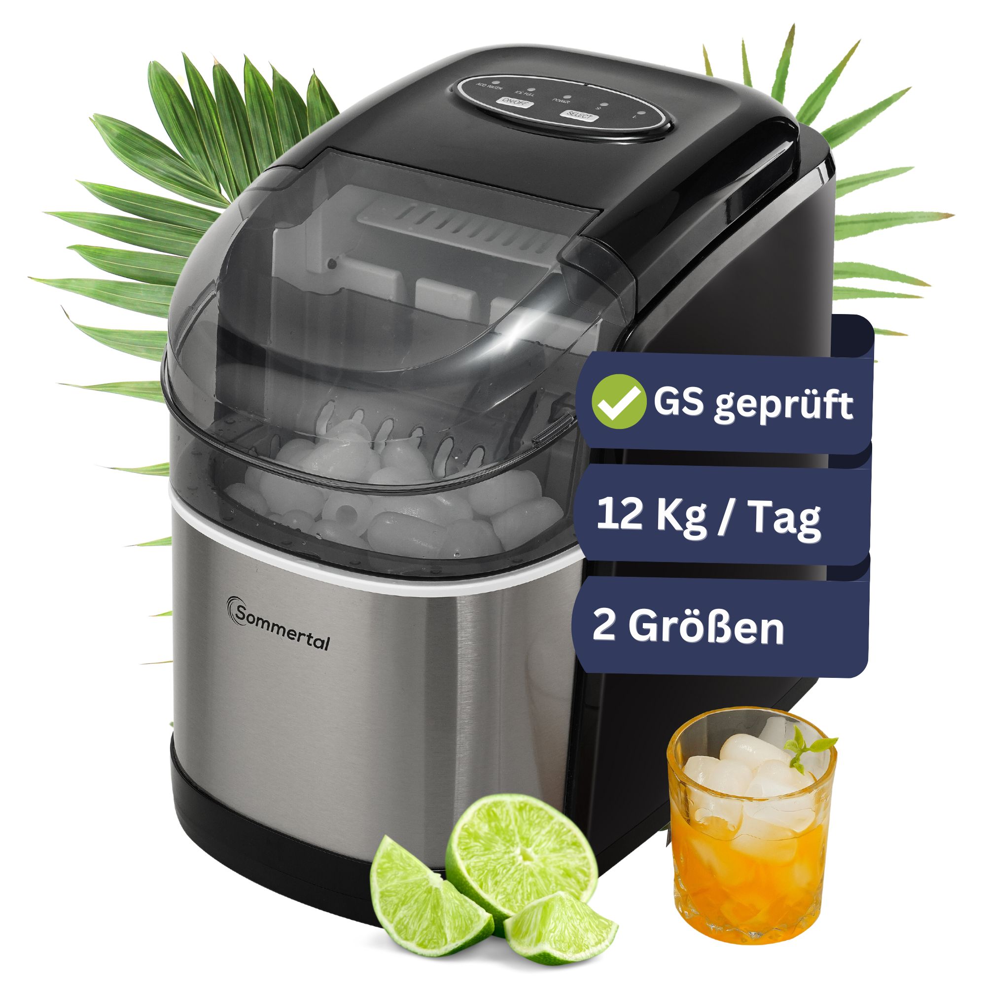 Sommertal Eisw&uuml;rfelmaschine EM12C - Ice Maker mit schneller Eisherstellung ab 6 Minuten, 12kg pro Tag, 2 W&uuml;rfelgr&ouml;&szlig;en, mit Schaufel & Entnahmekorb - Eisw&uuml;rfelbereiter, Eisw&uuml;rfelmaschine klein - Bild 1