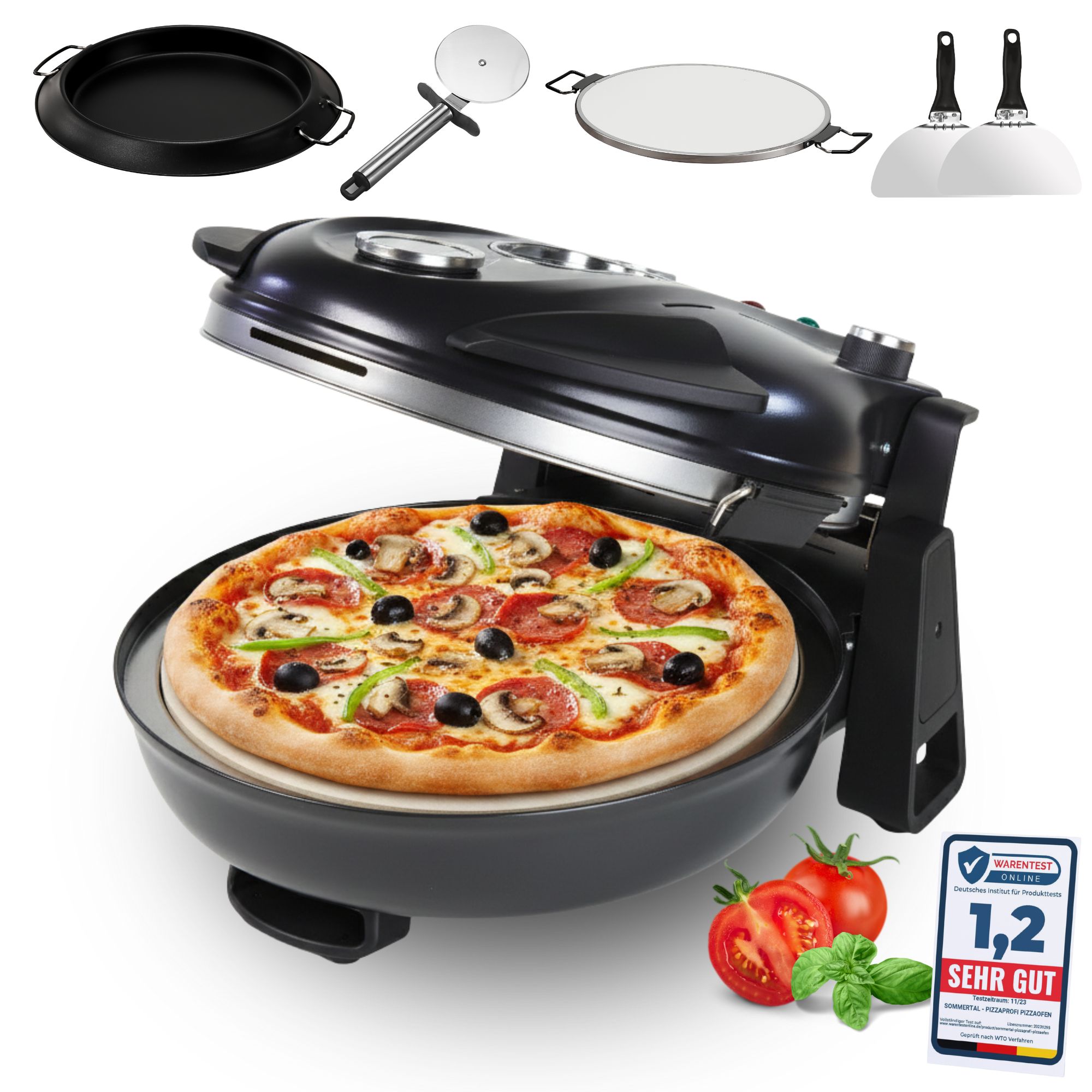 Sommertal PizzaProfi Pizzaofen, 32cm Pizzastein, schnelle 3-Minuten Pizza, 5-teiliges Set mit Pfanneneinsatz, 2x Pizzaschieber, Pizzaschneider, Steinplatte, Temperaturanzeige, max. 400&deg;C - Bild 1