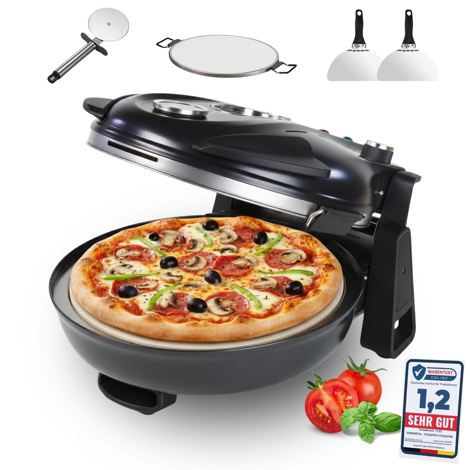 Sommertal PizzaProfi Pizzaofen, 32cm Pizzastein, schnelle 3-Minuten Pizza, 5-teiliges Set, 2x Pizzaschieber, Pizzaschneider, Steinplatte, Temperaturanzeige, max. 400°C