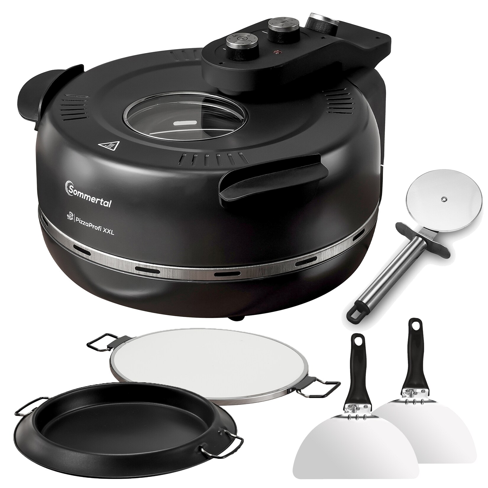 Sommertal PizzaProfi XXL Pizzaofen mit 39cm Steinplatte, Pizza Ofen elektrisch, schnelle 3-Minuten Pizza, bis 380°C 5-teiliges Set mit Pfanneneinsatz, 2x Pizzaschieber, Schneider, Pizzastein | 04250263781307