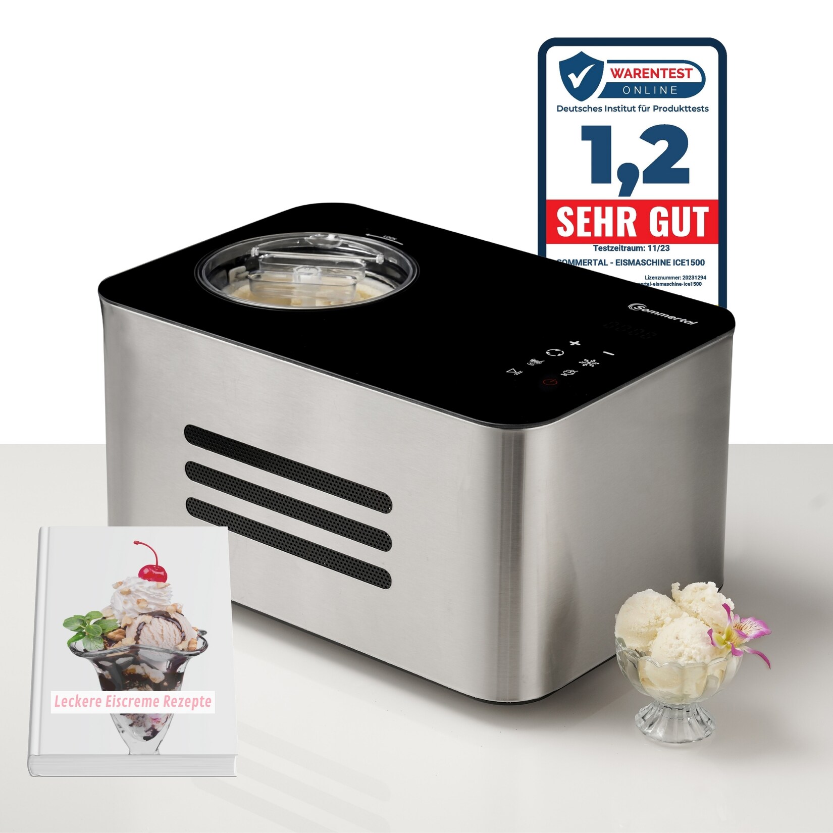 Sommertal Eiscreme Maschine ICE1500 3-in-1 Eismaschine, Milcheis & Sorbet, Eiscrememaschine aus Edelstahl mit Kühlhalte Funktion, Speiseeis zum selber machen, 1,5L, 150 W mit Kompressor | 04250263742384