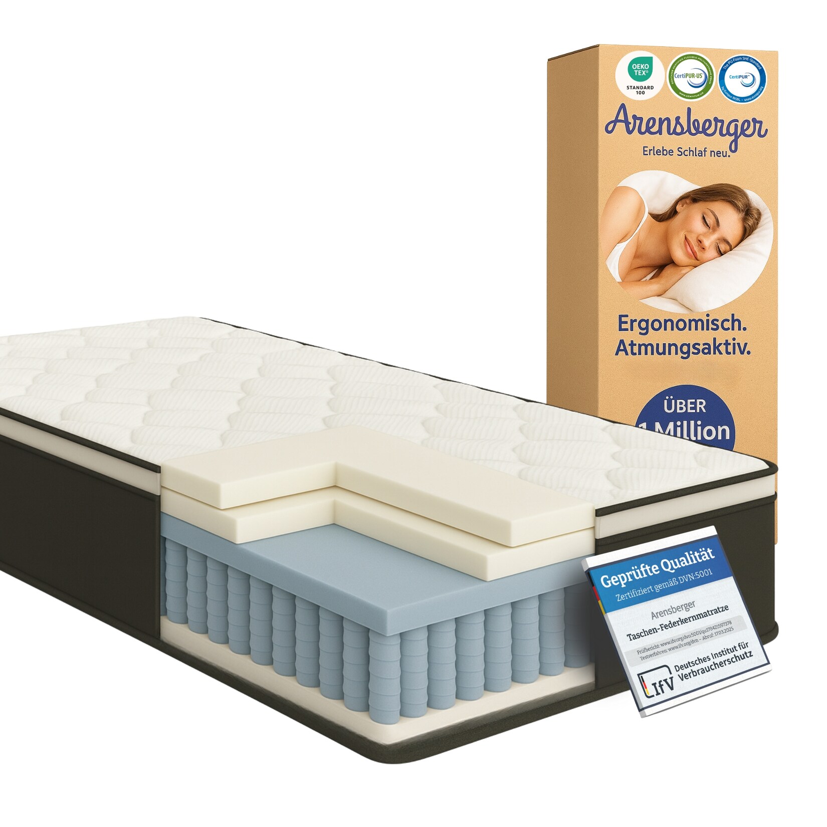 Arensberger EMILIA Federkernmatratze mit GEL-Schaum und integriertem Topper   180×200 cm Höhe 23cm   Härtegrad H3/ H4   HR Taschenfederkern Matratze | 04250263742575