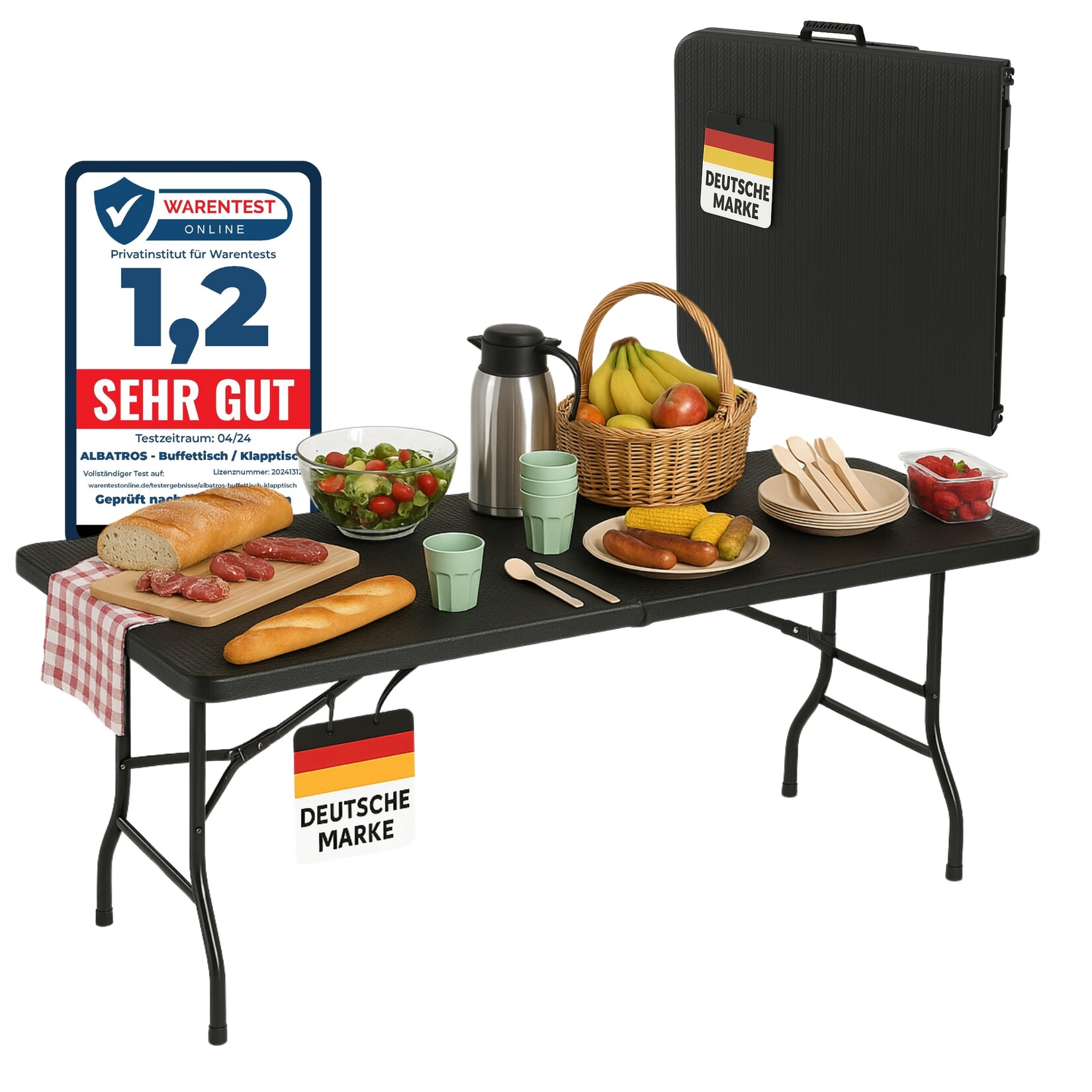 Albatros Buffettisch Klapptisch Schwarz/Rattan– robuste Konstruktion klappbar und hohe Tragkraft –für bis zu 10 Personen – für Bierzelt mit Tragegriff