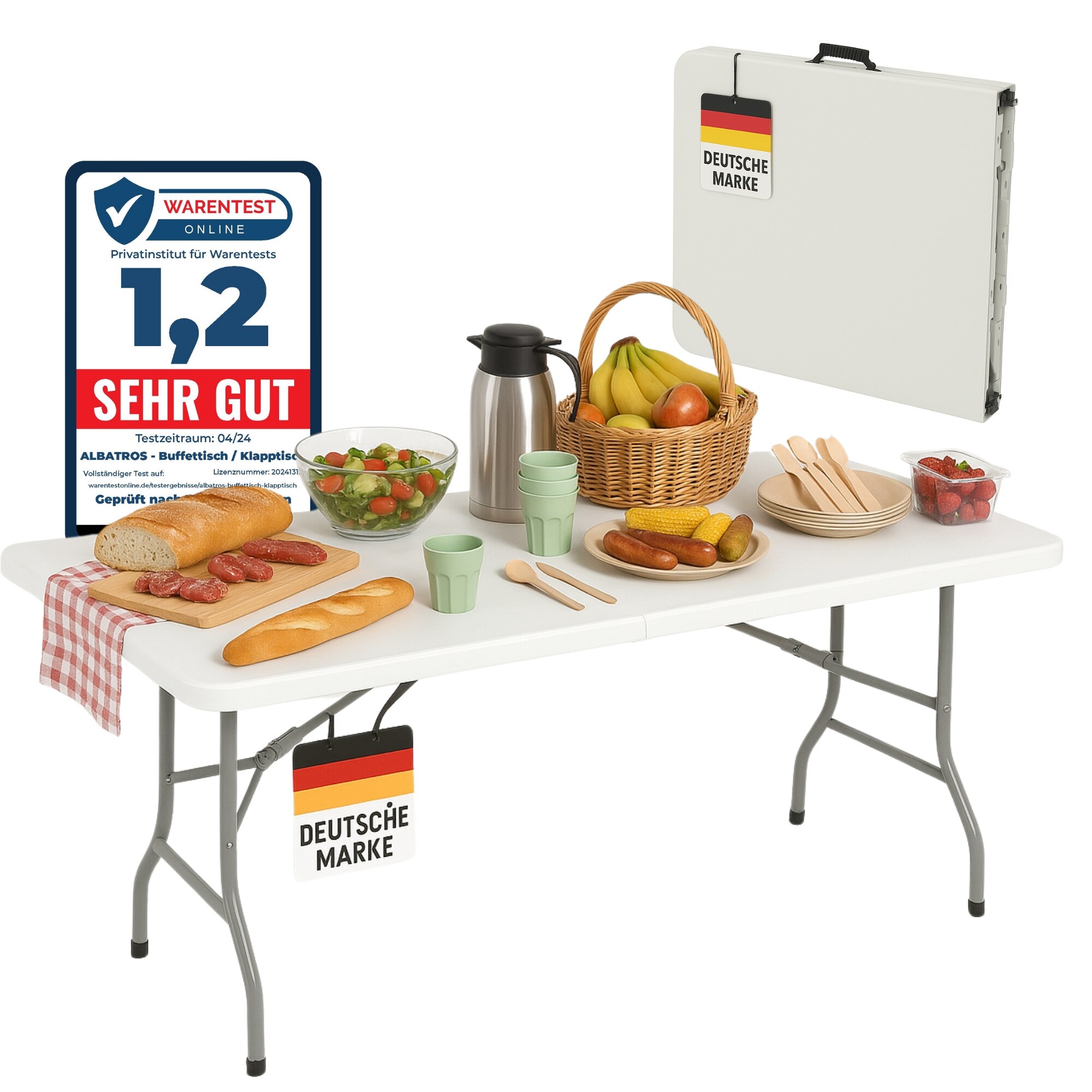 Albatros Buffettisch Klapptisch wei&szlig; &ndash; robuste Konstruktion klappbar und hohe Tragkraft &ndash;f&uuml;r bis zu 10 Personen &ndash; f&uuml;r Bierzelt mit Tragegriff - Bild 1