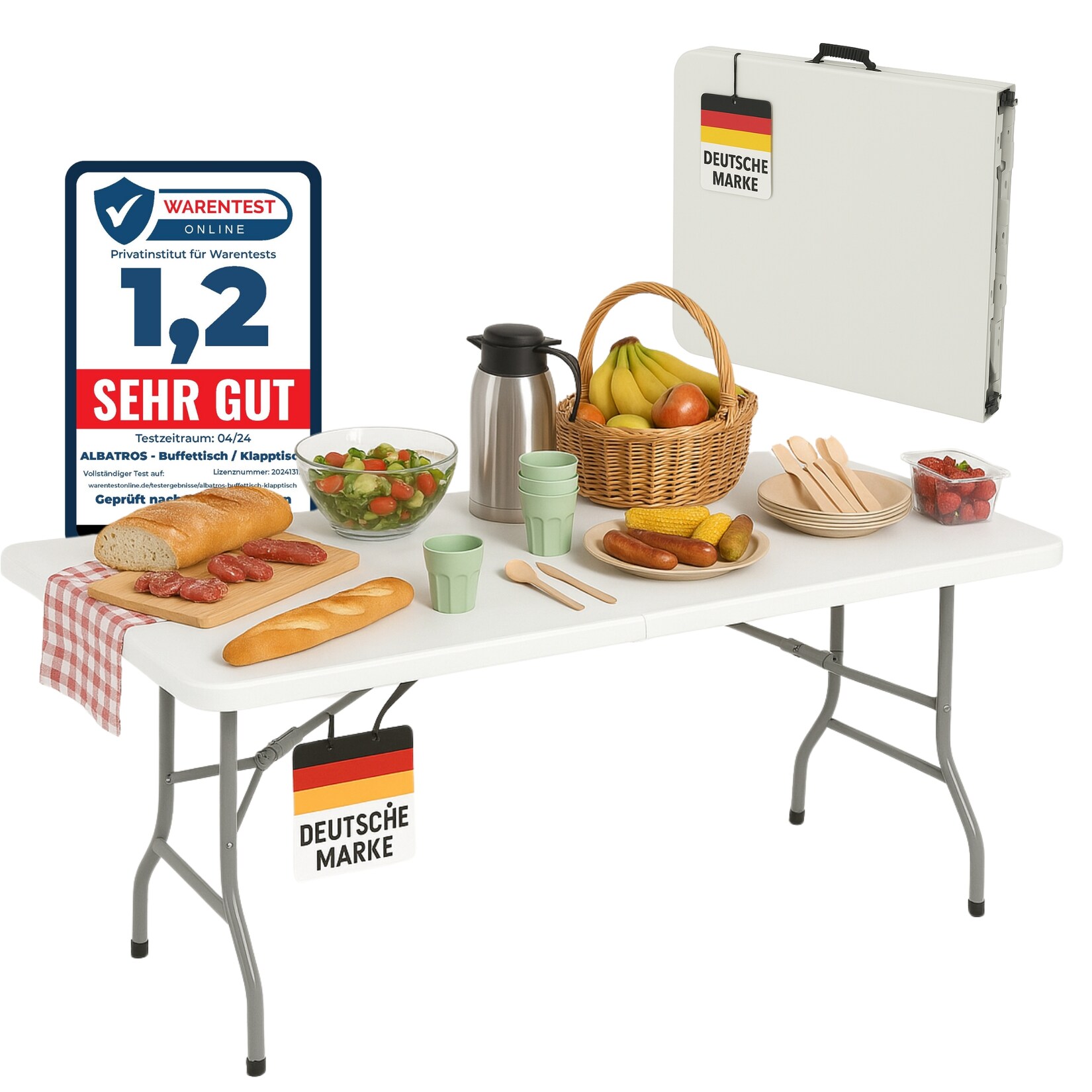 Albatros Buffettisch Klapptisch weiß – robuste Konstruktion klappbar und hohe Tragkraft –für bis zu 10 Personen – für Bierzelt mit Tragegriff | 04250263742704