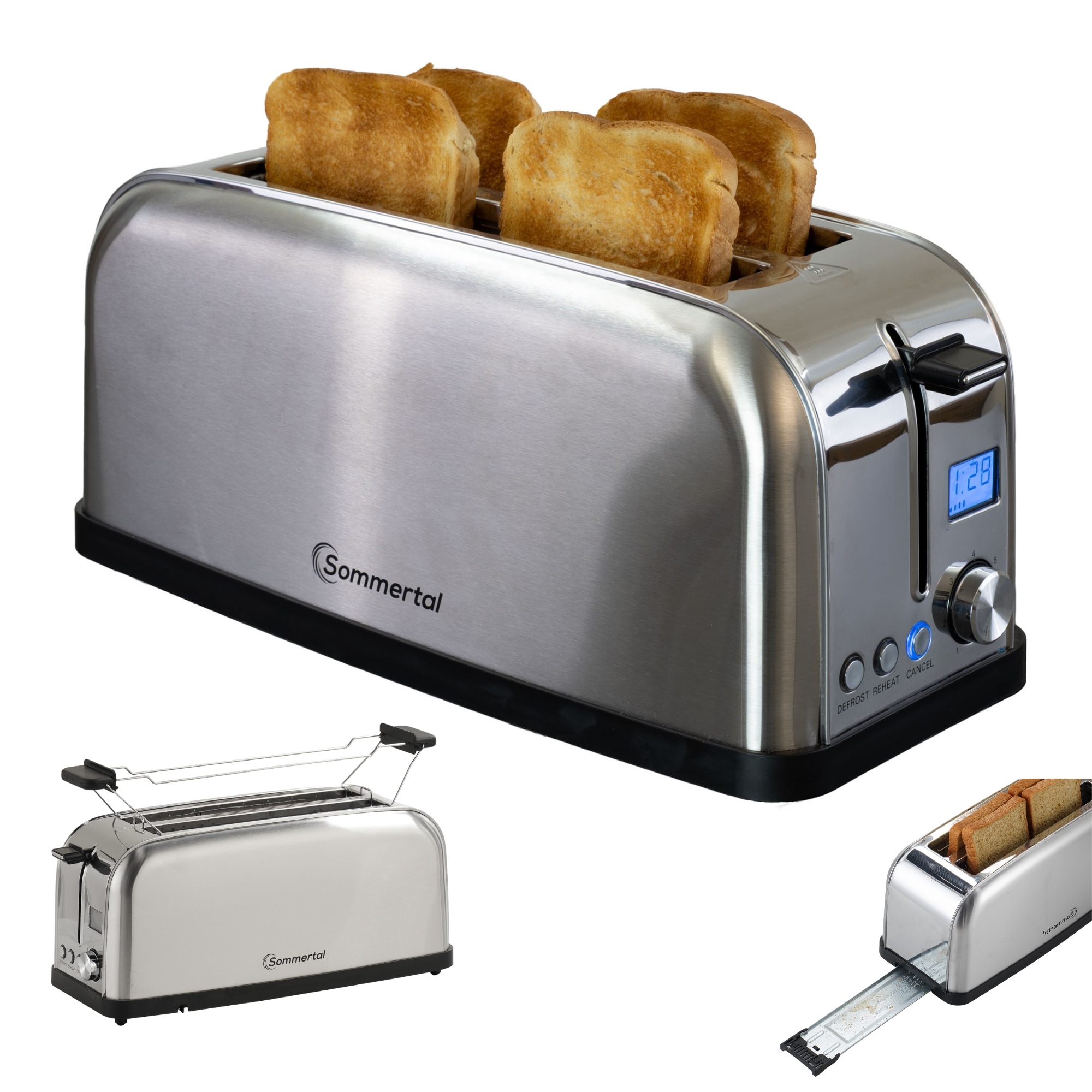 Sommertal Toaster ST1500 XXL, 4 Scheiben mit Br&ouml;tchenaufsatz, Display mit Timer und Restlaufanzeige, Langschlitztoaster Restlaufzeit, Retro Design Langschlitz Edelstahl 1500W - Bild 1