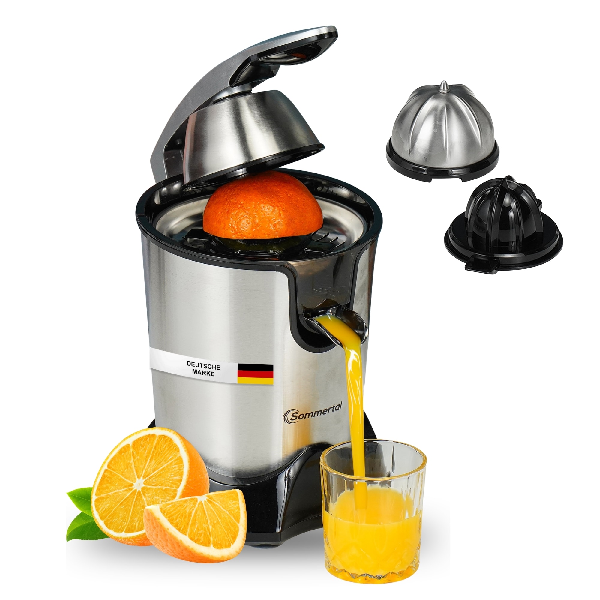 Sommertal Zitruspresse CP850 elektrische Saftpresse inkl. 2 Presskegel, manuelle Handpresse, Orangenpresse Zitronenpresse aus Edelstahl, Juicer Entsafter mit starkem 850W Motor - Bild 1