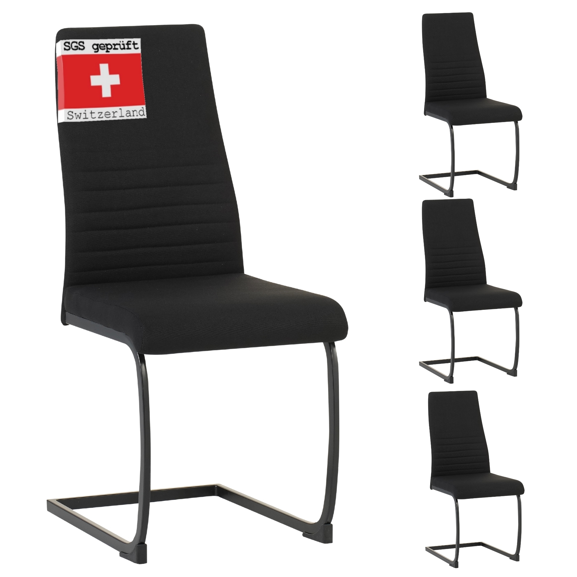 ALBATROS Freischwinger Stuhl TURANO 4er Set, Schwarz - Esszimmerstuhl Schwingstuhl mit Modernem Design, Stoff-Bezug, Dicke Polsterung - K&uuml;chenstuhl, Polster-Stuhl Esszimmer, Esstisch Stuhl - Bild 1