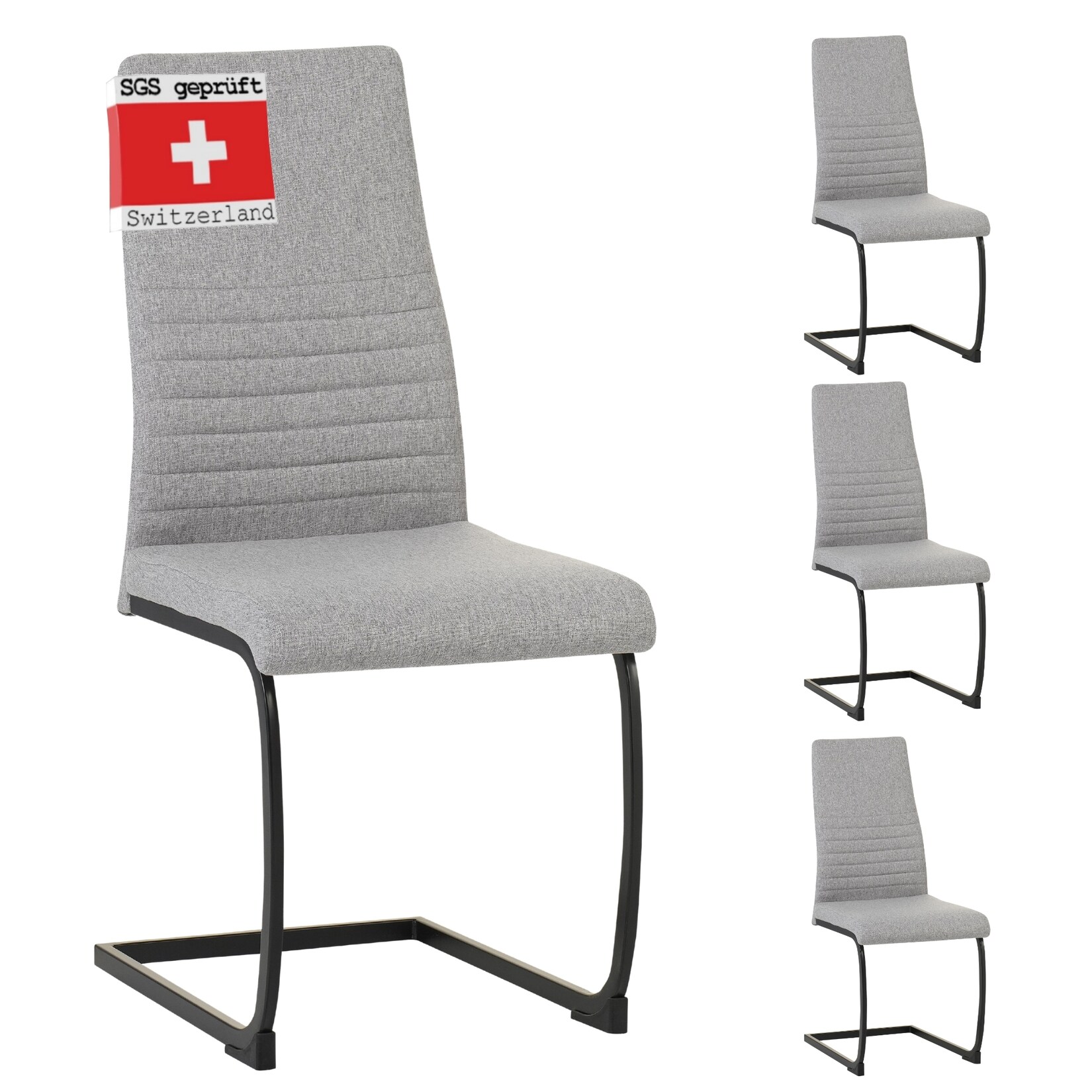 ALBATROS Freischwinger Stuhl TURANO 4er Set, Grau – Esszimmerstuhl Schwingstuhl mit Modernem Design, Stoff-Bezug, Dicke Polsterung – Küchenstuhl, Polster-Stuhl Esszimmer, Esstisch Stuhl | 04250263742988
