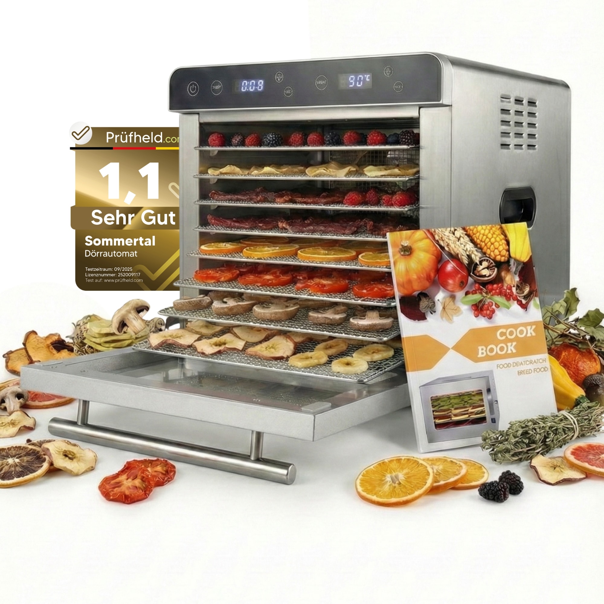 Sommertal D&ouml;rrautomat Silence 700 XXL inkl. 8 Edelstahl D&ouml;rrgitter, LED-Display, 24h Timer, Temperatureinstellung von (35&deg;C&ndash;85&deg;C) einstellbar, inkl. Kochbuch, Profi D&ouml;rrger&auml;t, 700W Dehydrator - Bild 1
