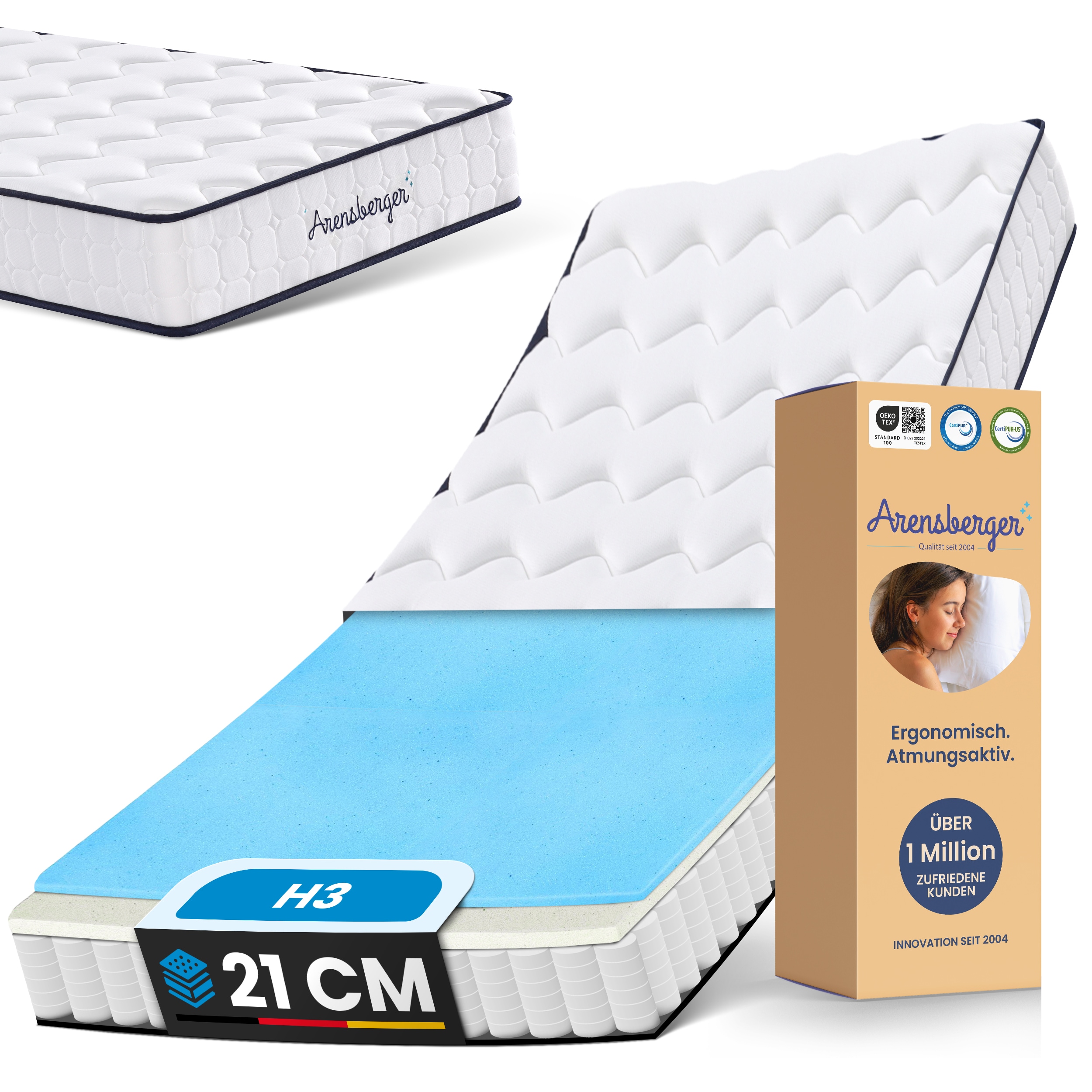 Arensberger LENA Federkernmatratze mit Memoryschaum | 140x200cn H&ouml;he 21cm | H&auml;rtegrad H3 | HR Taschenfederkern Matratze | Rollmatratze | ergonomisch - Bild 1