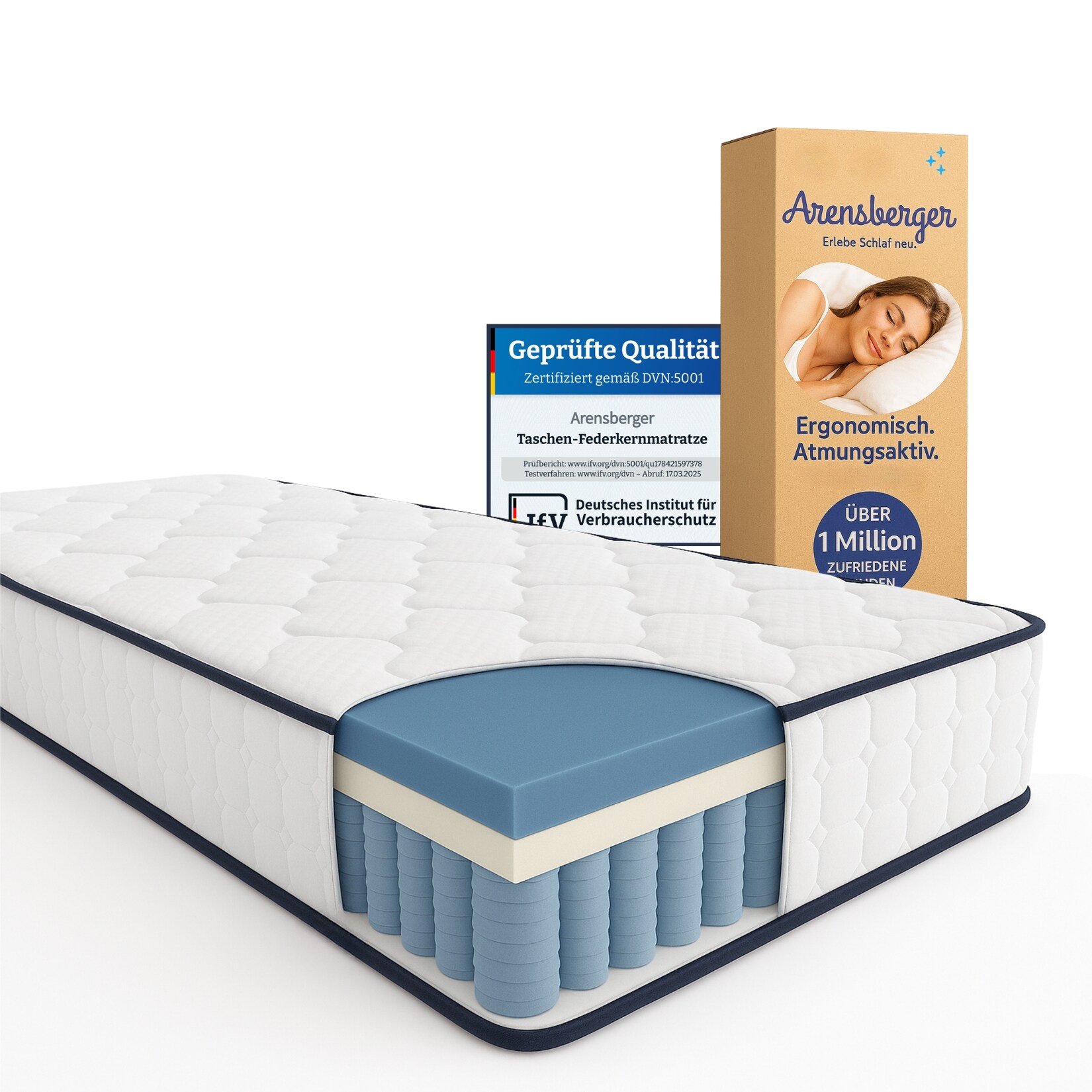 Arensberger LENA Federkernmatratze mit Memoryschaum   180x200cn Höhe 21cm   Härtegrad H3   HR Taschenfederkern Matratze   Rollmatratze   ergonomisch | 04250263743251