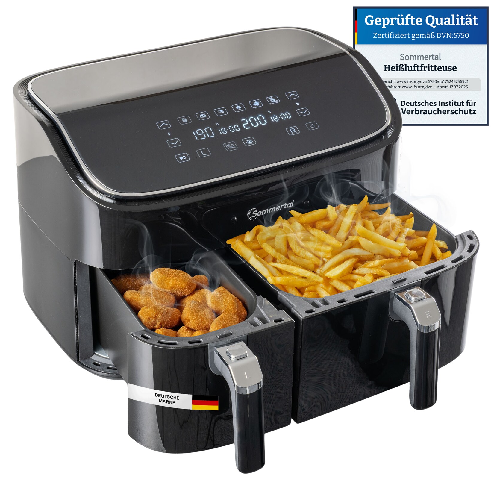 Sommertal Heißluftfritteuse HF DUAL 900 mit Doppelkammer   9 Liter XXL Airfryer & Dörrgerät   2850W   Digitales Touch Display   3D Umluftsystem   Vorheizen   Synchronisierungsfunktion | 04250263781529