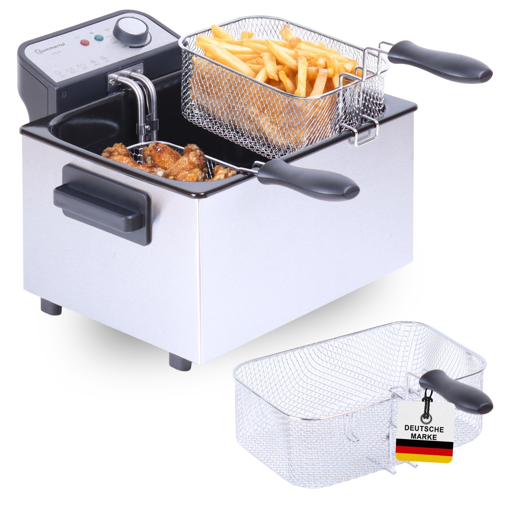 Sommertal XXL Doppel-Fritteuse mit &Ouml;l oder Fett &ndash; 3 K&ouml;rbe, 5 Liter, 3000 Watt, Kaltzone, DF3270 &ndash; echte Edelstahl Fritteuse f&uuml;r knusprige Pommes - Bild 1
