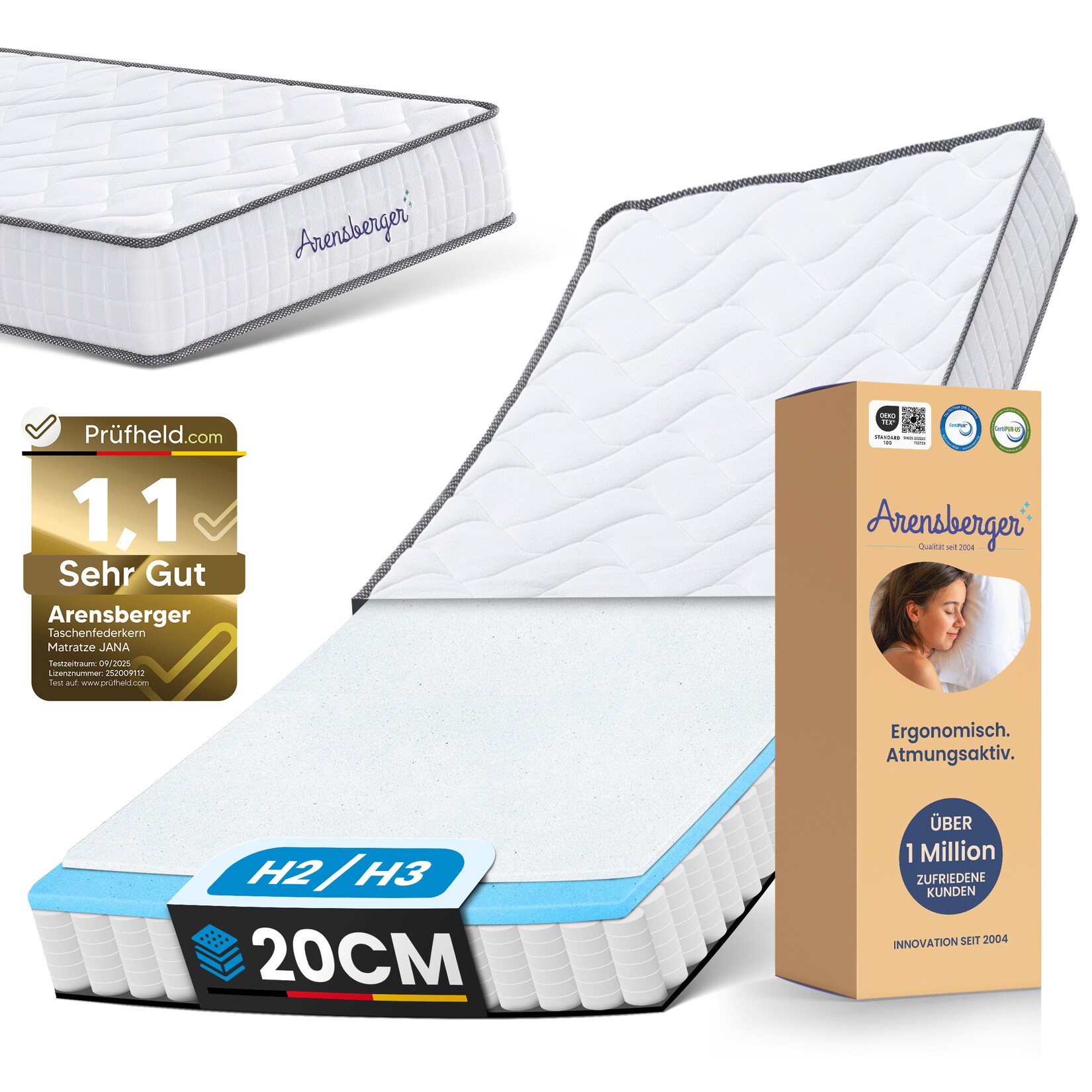Arensberger JANA Federkernmatratze – 20cm Höhe – Matratze mit Schaumstoff Schicht – H3 Mittelfest – 7 Zonen – Federkern – Liegekomfort 140x200cm | 04250263743725