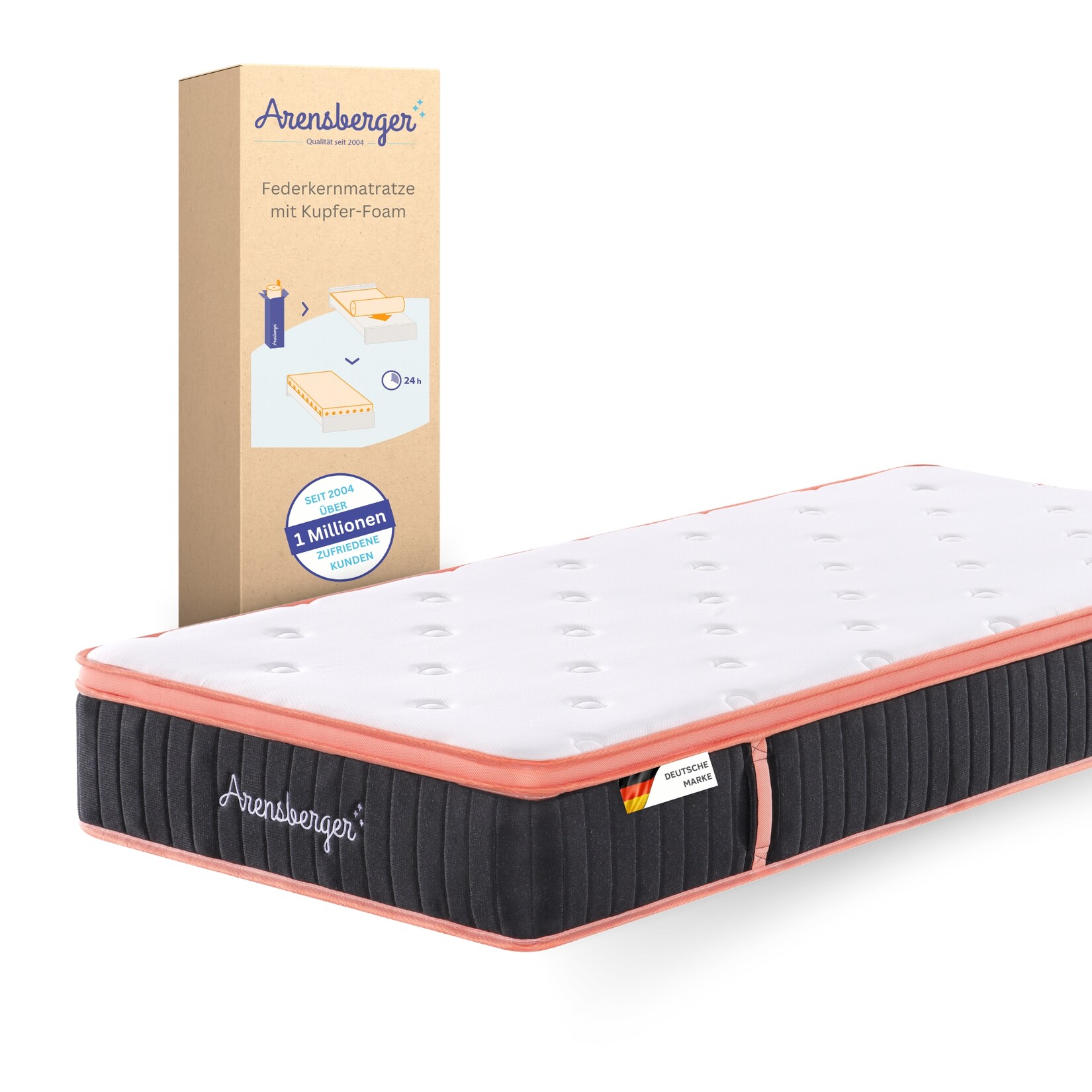 Arensberger Kupfermatratze mit Federkern & Kupferschaum + integrierter Topper   90×200 cm Höhe 25cm   Härtegrad H3/ H4   Taschenfederkern Matratze   Rollmatratze   ergonomisch | 04250263743787