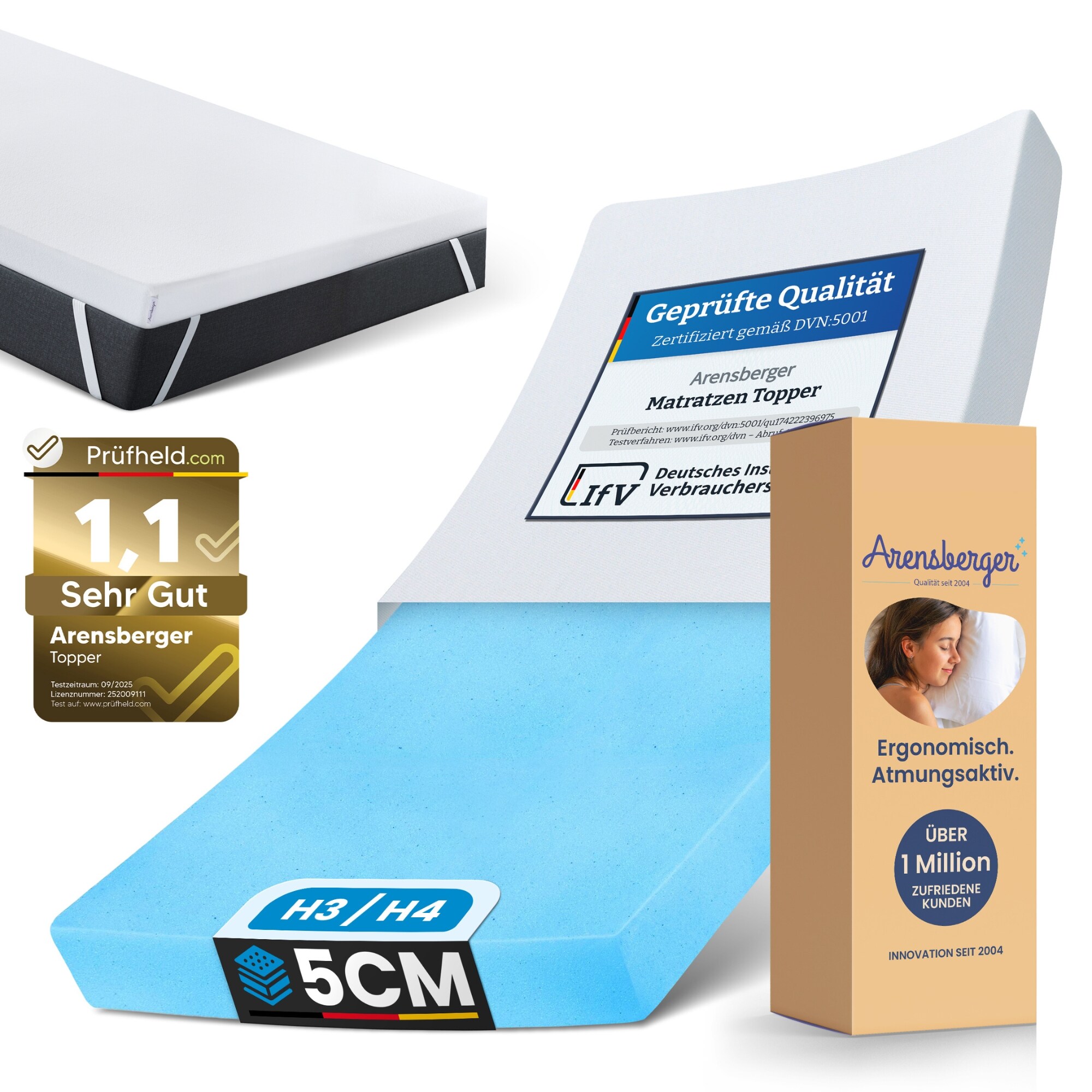 Arensberger Matratzen Topper ESSENCE, 180x200cm, Gelschaum Matratzentopper, waschbarer Bezug, geeignet f&uuml;r Federkern & Schaumstoff Matratzen, H2 H3, Matratzenauflage H&ouml;he 5cm - Bild 1