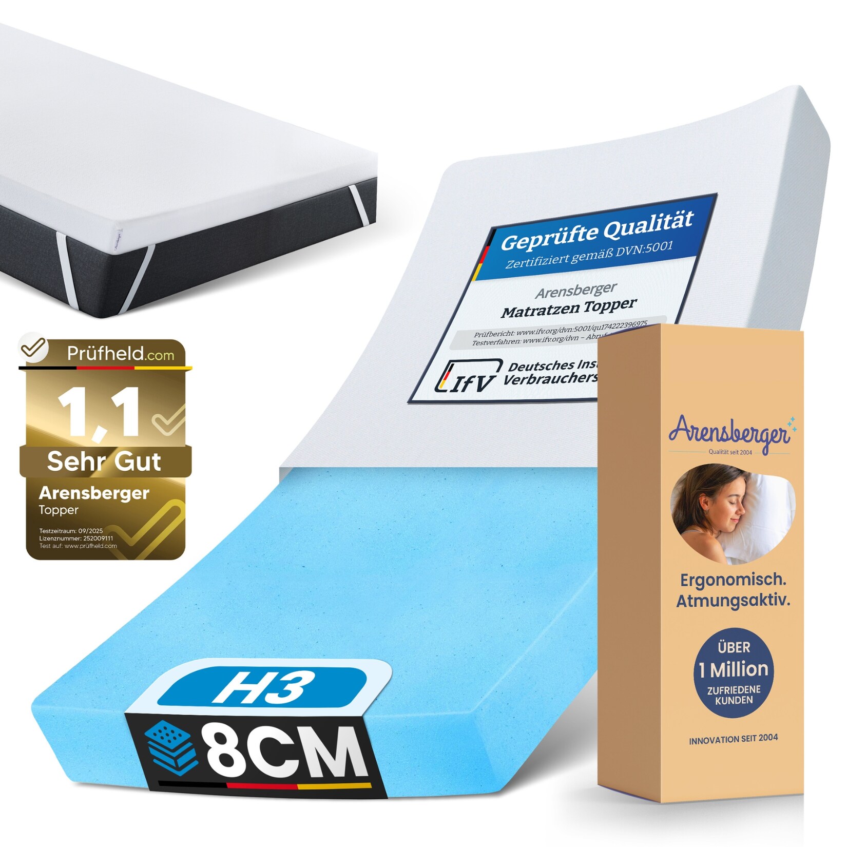 Arensberger Matratzen Topper PREMIUM, 90x200cm, Gelschaum Matratzentopper, waschbarer Bezug, geeignet für Federkern & Schaumstoff Matratzen, H2 H3, Matratzenauflage Höhe 8cm | 04250263743879