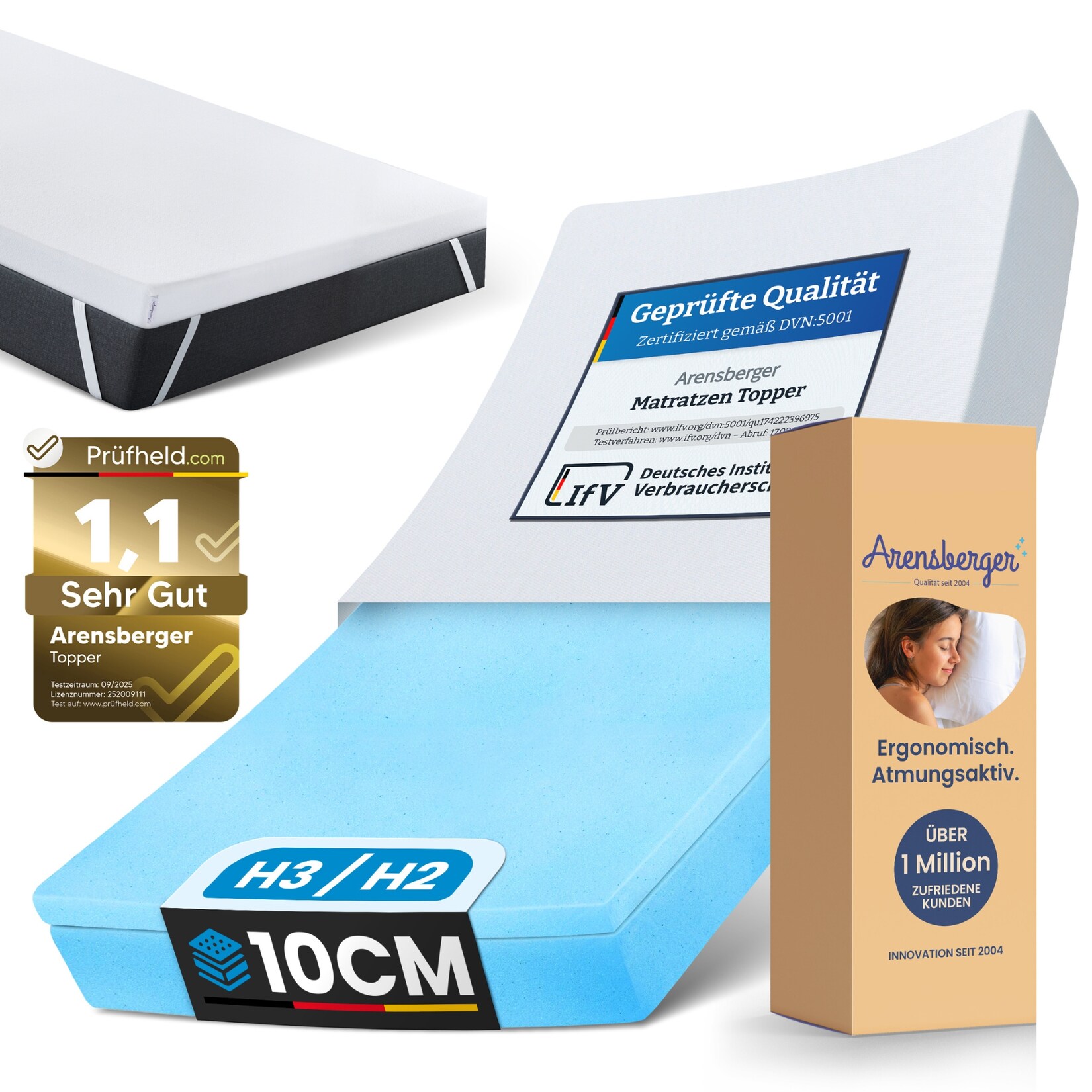 Arensberger Matratzen Topper LUXURY, 90x200cm, Gelschaum und Memory Gel Foam Matratzentopper, waschbarer Bezug, geeignet für Federkern & Matratzen, Matratzenauflage Höhe 10cm | 04250263743923