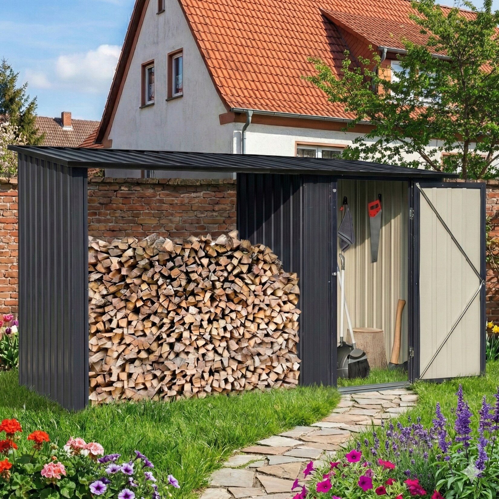 Albatros Profi Gerätehaus M –Geräteschuppen mit Holzunterstand für 2,3m³ Holz, verzinktes Metall in Anthrazit (RAL 7016) 266x127x161cm wetterfest