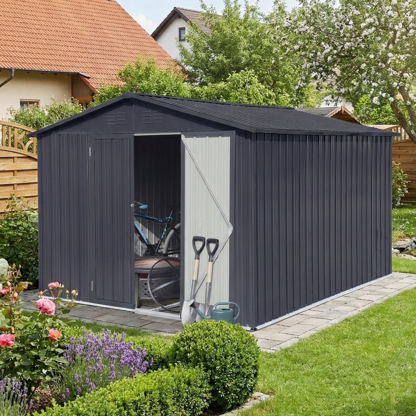 Albatros Profi Gerätehaus XXL – verzinktes Metall in Anthrazit (RAL 7016) 259x313x192cm, 15,5m³ Inkl. Schloss & Werkzeughaken wetterfest