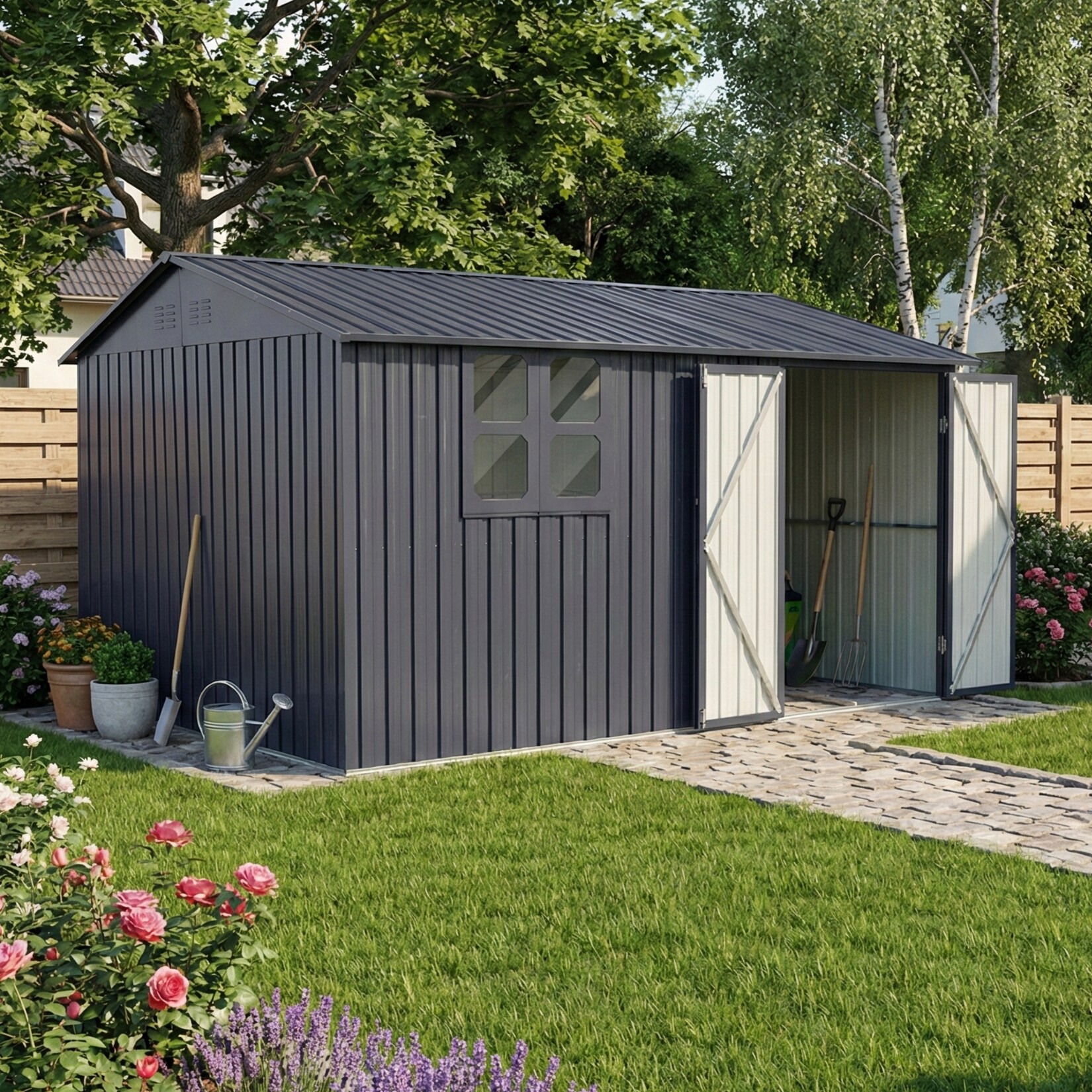 Albatros Profi Gerätehaus XXXL – verzinktes Metall in Anthrazit (RAL 7016) 371x304x201cm (22,6m³) Inkl. Schloss & Werkzeughaken wetterfest