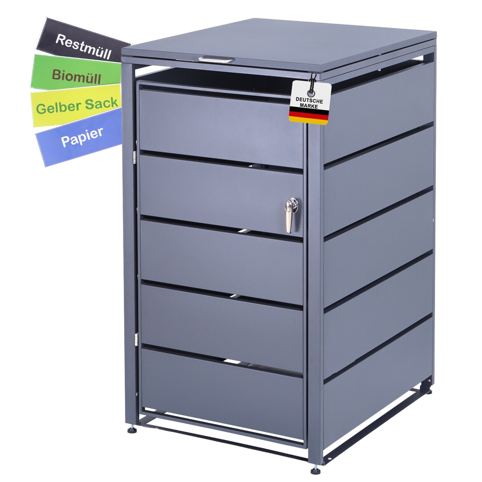 Mülltonnenbox 1er Tonne   bis 240 Liter   Anthrazitgrau RAL 7016   verzinkter Stahl   Premium Dämpfer  Aufkleber-Set   wetterfest | 04250263744043