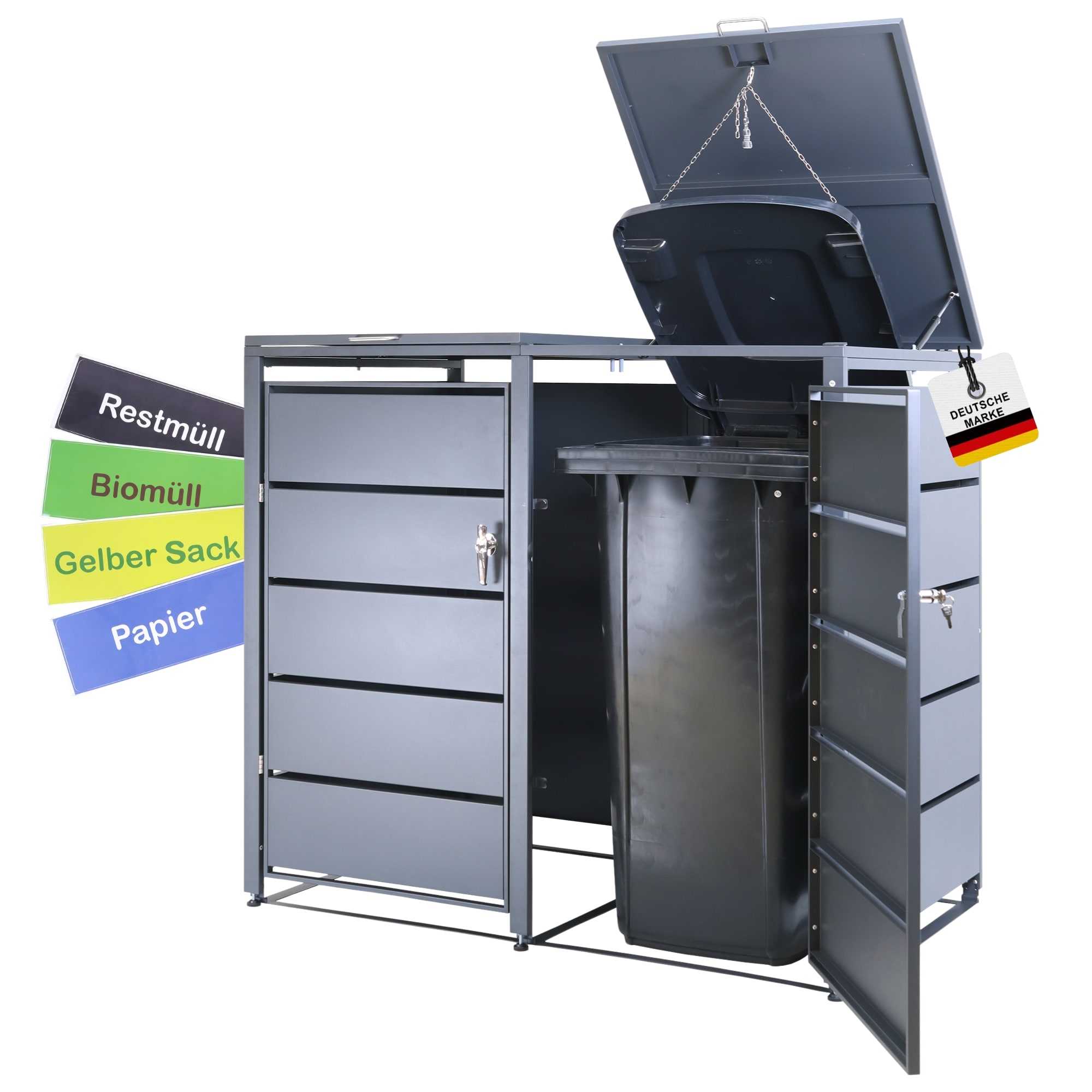 M&uuml;lltonnenbox 2er Tonne | bis 240 Liter | Anthrazitgrau RAL 7016 | verzinkter Stahl | Premium D&auml;mpfer| Aufkleber-Set | wetterfest| - Bild 1