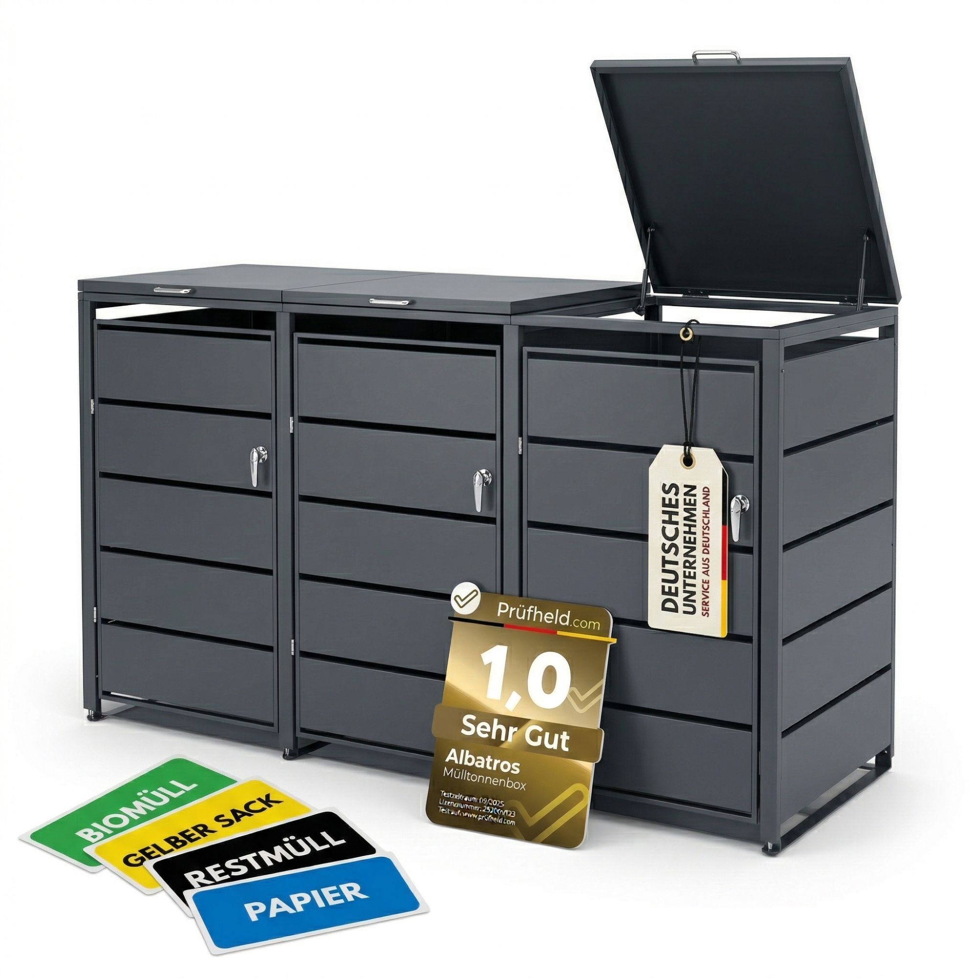 M&uuml;lltonnenbox 3er Tonne | bis 240 Liter | Anthrazitgrau RAL 7016 | verzinkter Stahl | Premium D&auml;mpfer| Aufkleber-Set | wetterfest| - Bild 1