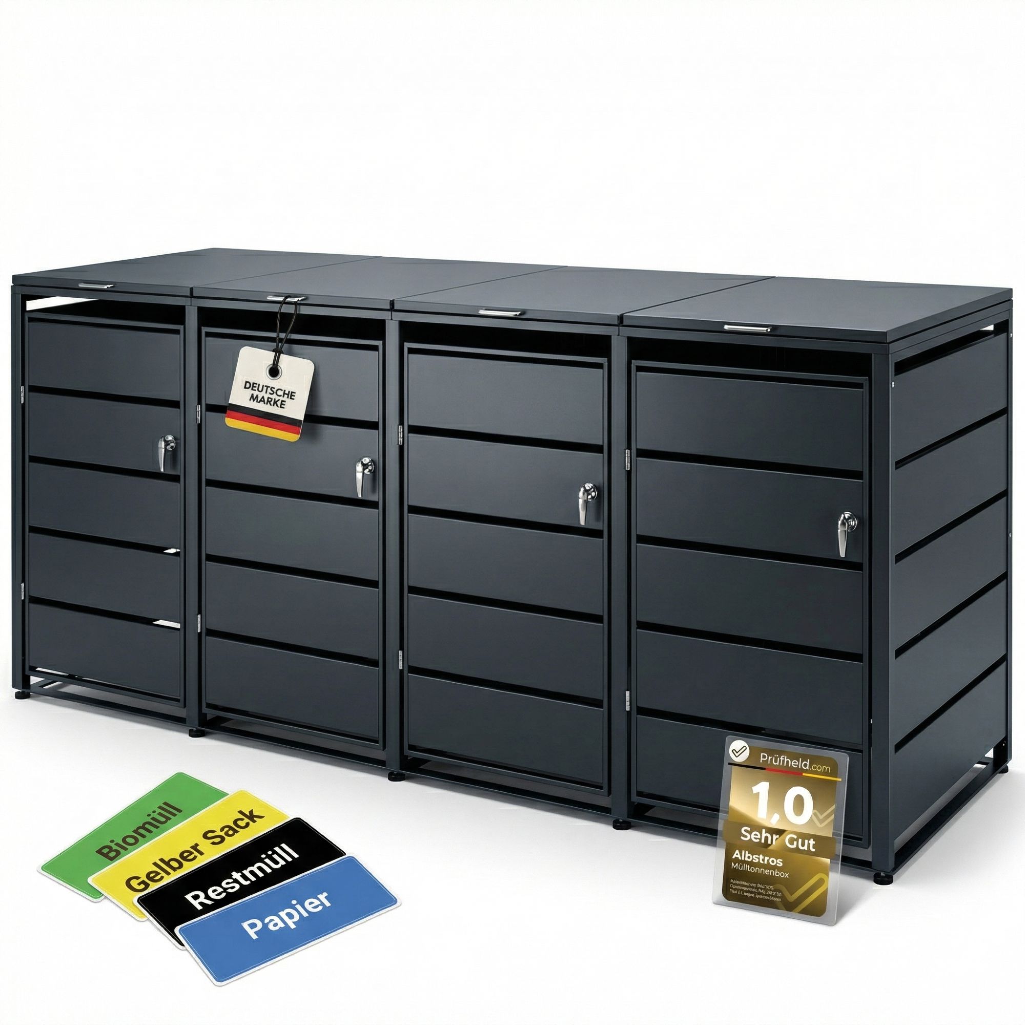 M&uuml;lltonnenbox 4er Tonne | bis 240 Liter | Anthrazitgrau RAL 7016 | verzinkter Stahl | Premium D&auml;mpfer| Aufkleber-Set | wetterfest| - Bild 1