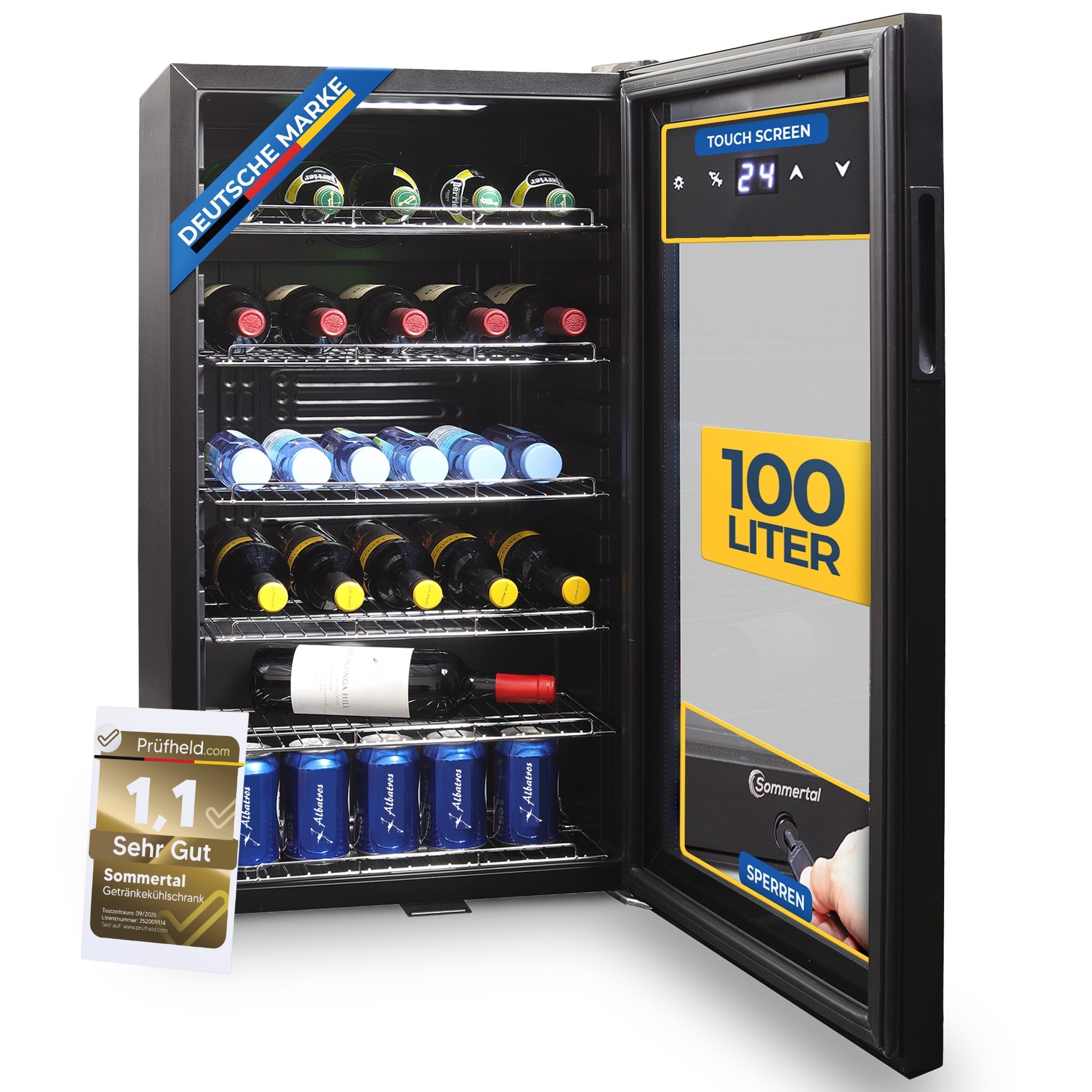 Sommertal K&uuml;hlschrank GK 100&ndash; Leiser Getr&auml;nkek&uuml;hlschrank mit LED, Touchscreen & Schloss kleiner Flaschenk&uuml;hlschrank schwarz 100L - Bild 1