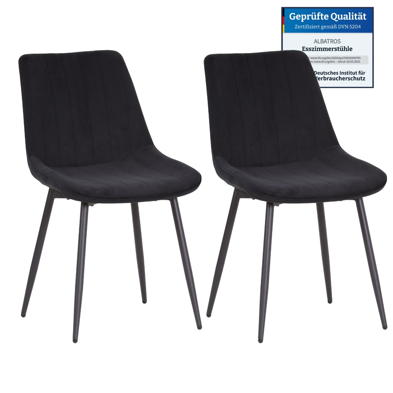 Albatros BOSA Samtstuhl Schwarz – 2er-Set Esszimmerstühle im modernen Retro-Design, gepolstert & ergonomisch, DEKRA-geprüft, pflegeleichter Bezug | 04250263744203