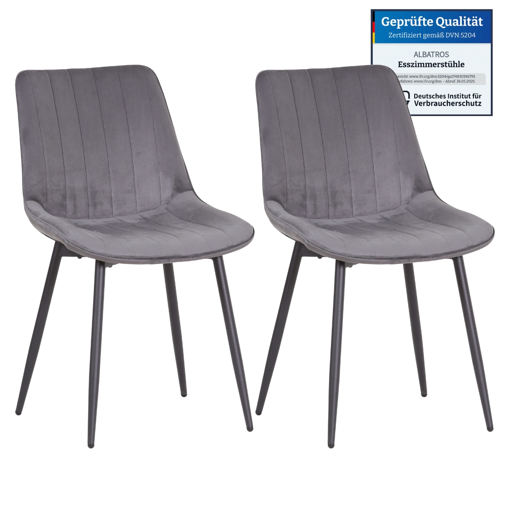 Albatros BOSA Samtstuhl Grau – 2er-Set Esszimmerstühle im modernen Retro-Design, gepolstert & ergonomisch, DEKRA-geprüft, pflegeleichter Bezug