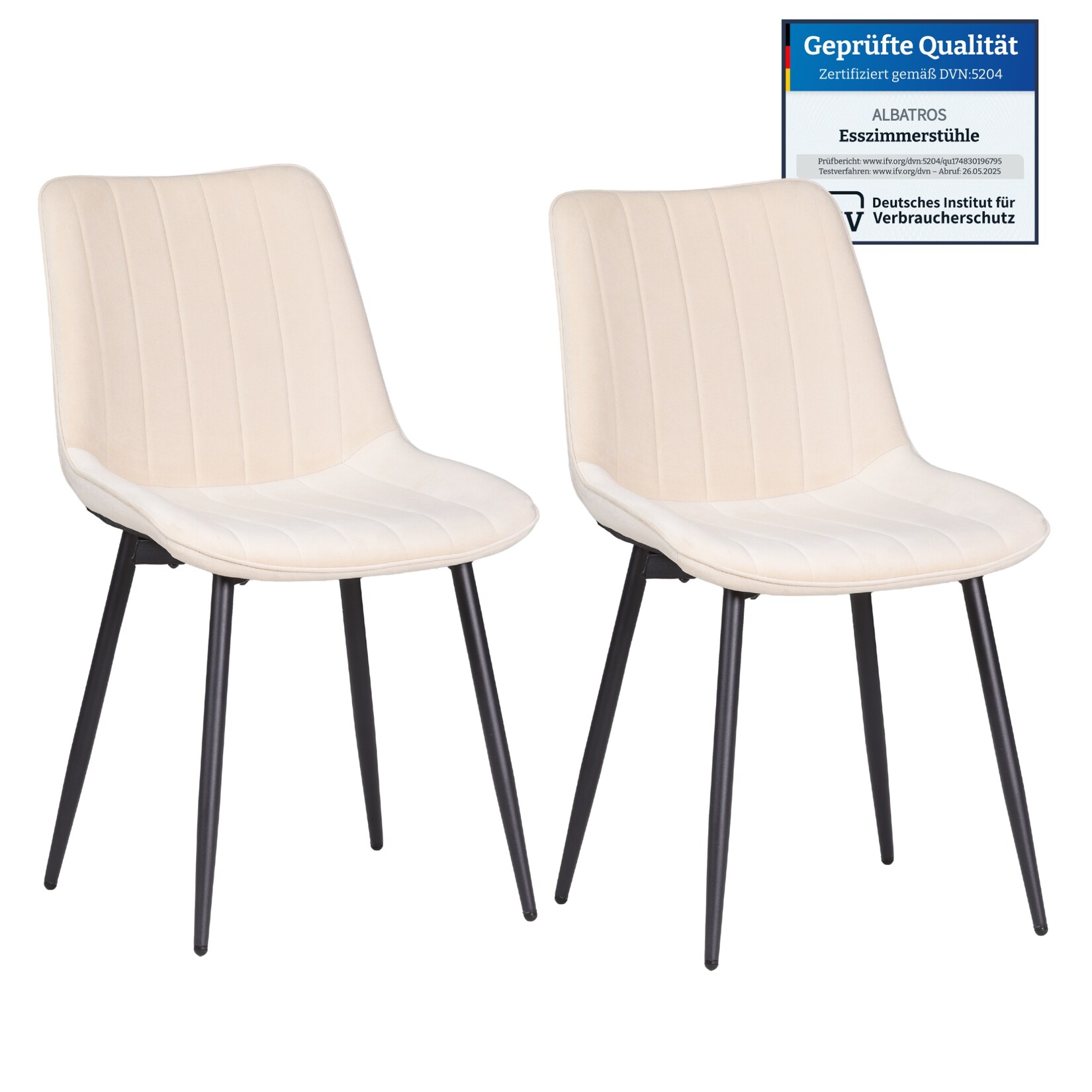 Albatros BOSA Samtstuhl Beige – 2er-Set Esszimmerstühle im modernen Retro-Design, gepolstert & ergonomisch, DEKRA-geprüft, pflegeleichter Bezug