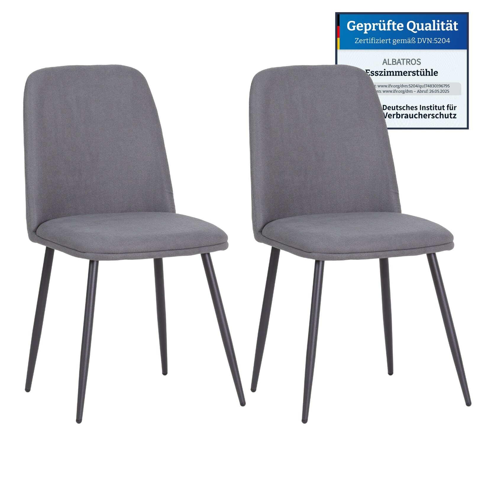 Albatros BONO Stoffstuhl Grau– 2er-Set Esszimmerstühle im modernen Retro-Design, gepolstert & ergonomisch, DEKRA-geprüft, pflegeleichter Stoffbezug