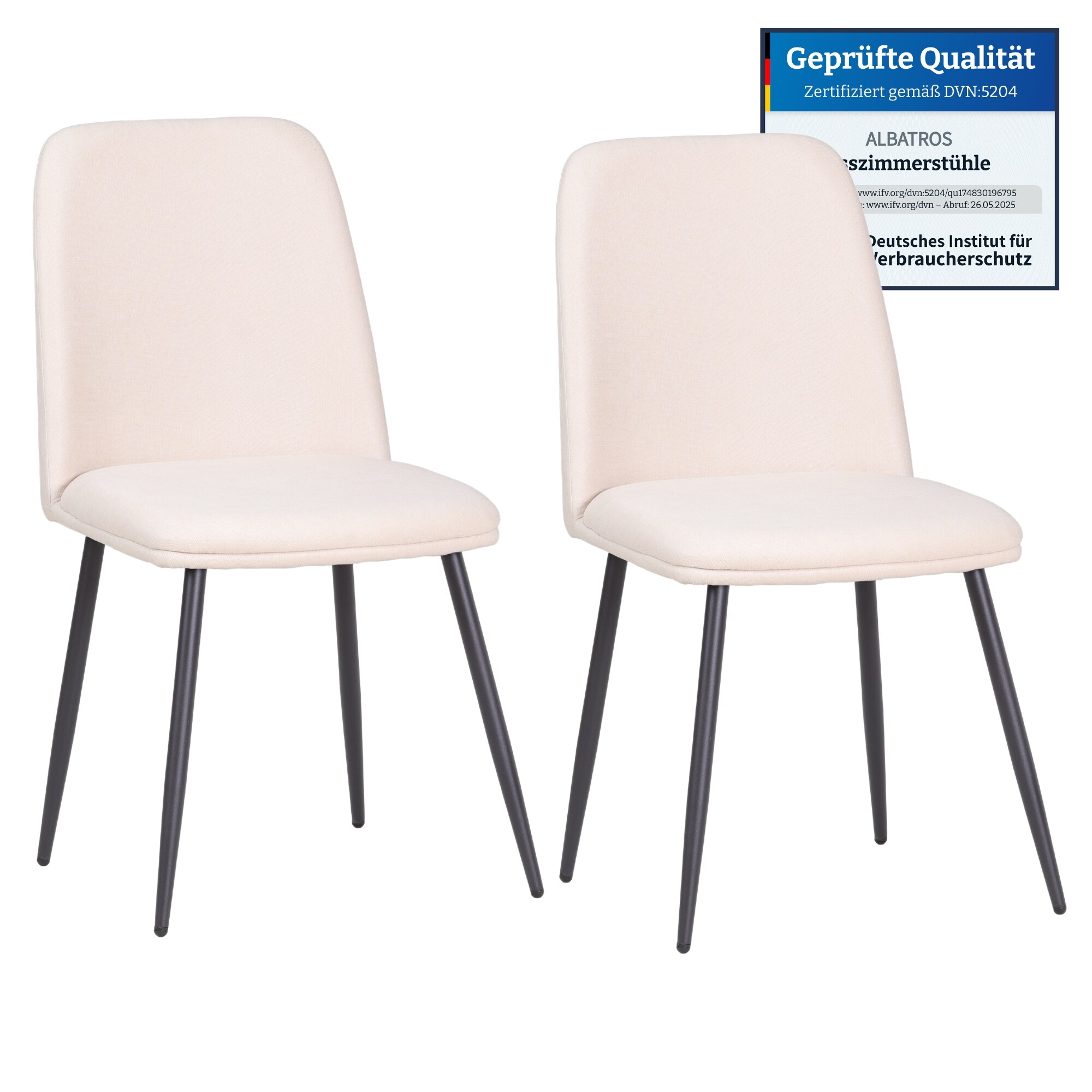 Albatros BONO Stoffstuhl Beige &ndash; 2er-Set Esszimmerst&uuml;hle im modernen Retro-Design, gepolstert & ergonomisch, DEKRA-gepr&uuml;ft, pflegeleichter Stoffbezug - Bild 1