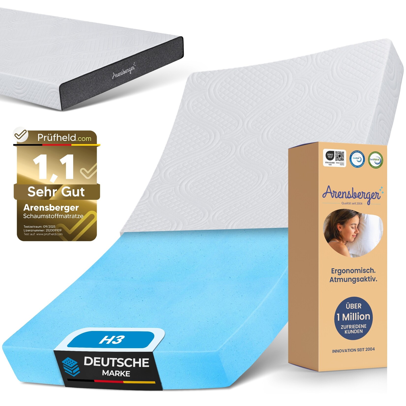 ARENSBERGER ANNA Gelschaum Matratze 90×200 cm – 13 cm NANOCELL® Gel-Schaum – H3 Härtegrad – Atmungsaktiv – Abnehmbarer Bezug 240g/m² – Waschbar bis 60°C – Rollmatratze Komfortmatratze | 04250263744401