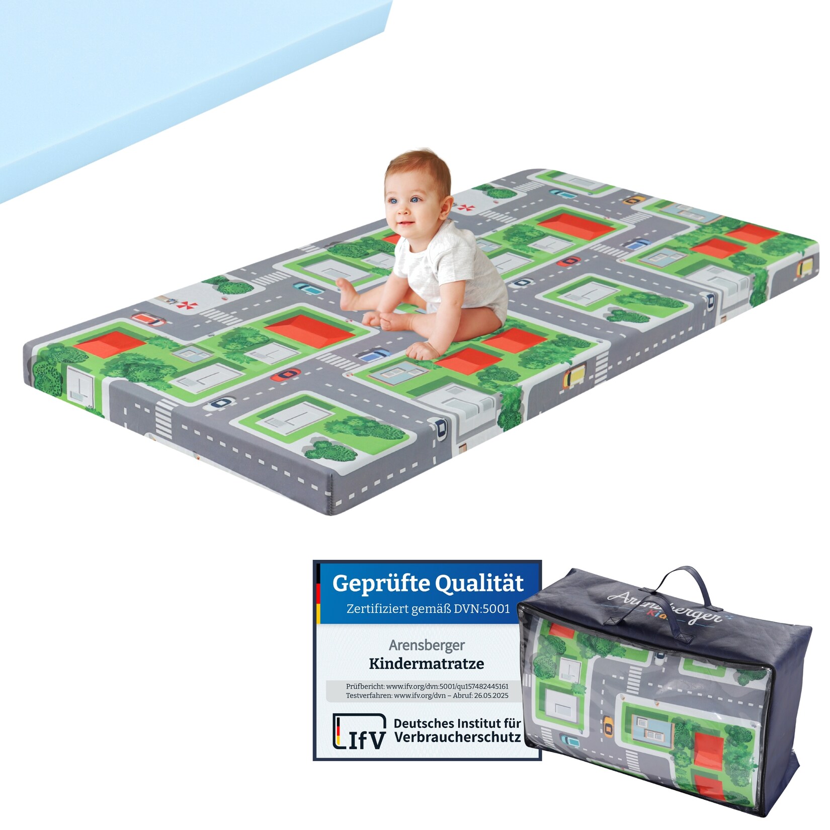 Arensberger Kinderreisebett Matratze 60×120 cm – faltbare Baby- & Kindermatratze mit Stadtmotiv, Nanocell Gelschaum, abnehmbarer Bezug & Tragetasche | 04250263744531