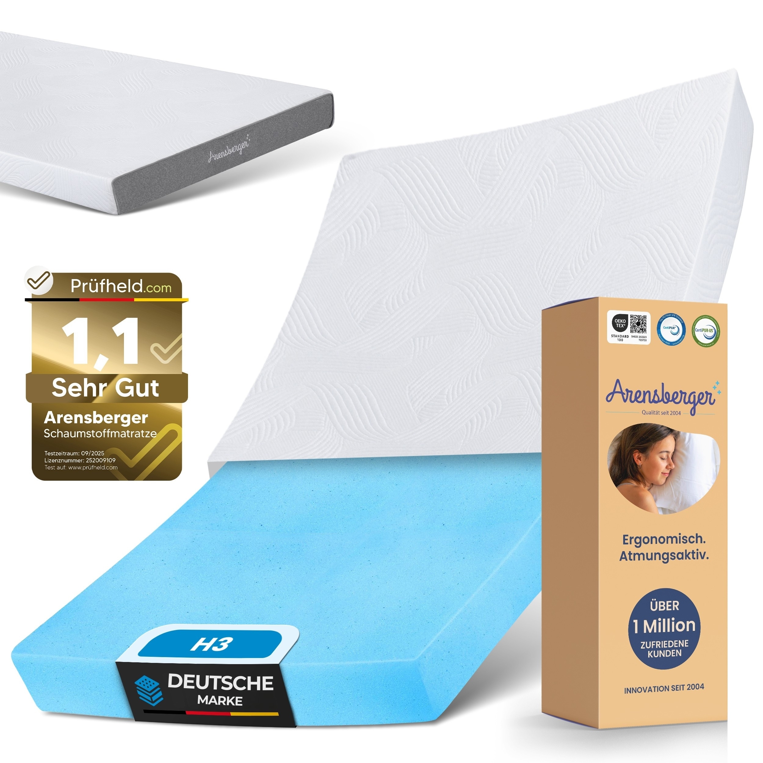 ARENSBERGER LINA, Gelschaum Matratze 100x200 cm &ndash; 11 cm NANOCELL&reg; Gel-Schaum &ndash; H3 H&auml;rtegrad &ndash; Atmungsaktiv &ndash; Abnehmbarer Bezug 240g/m&sup2; - Bild 1