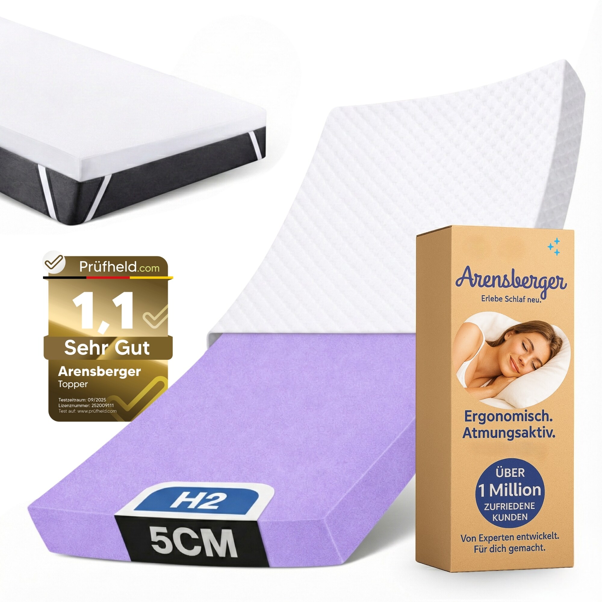 Arensberger Matratzen Topper SOFT, Memory Foam Matratzentopper, waschbarer Bezug, geeignet f&uuml;r Federkern & Schaumstoff Matratzen, H2, Matratzenauflage H&ouml;he 5cm - Bild 1