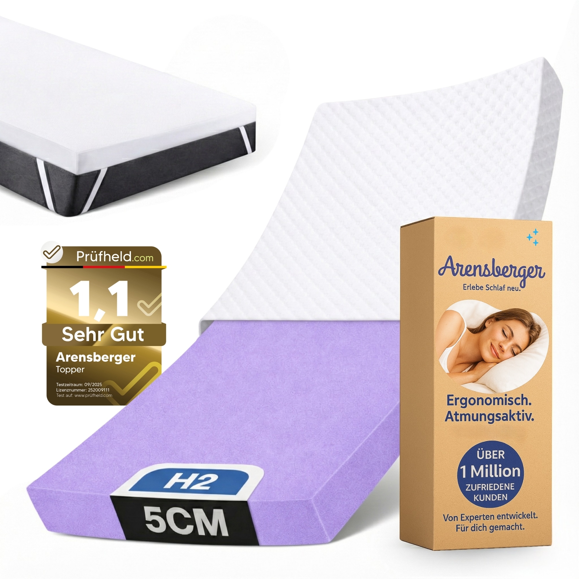 Arensberger Matratzen Topper SOFT, Memory Foam Matratzentopper, waschbarer Bezug, geeignet f&uuml;r Federkern & Schaumstoff Matratzen, H2, Matratzenauflage H&ouml;he 5cm - Bild 1