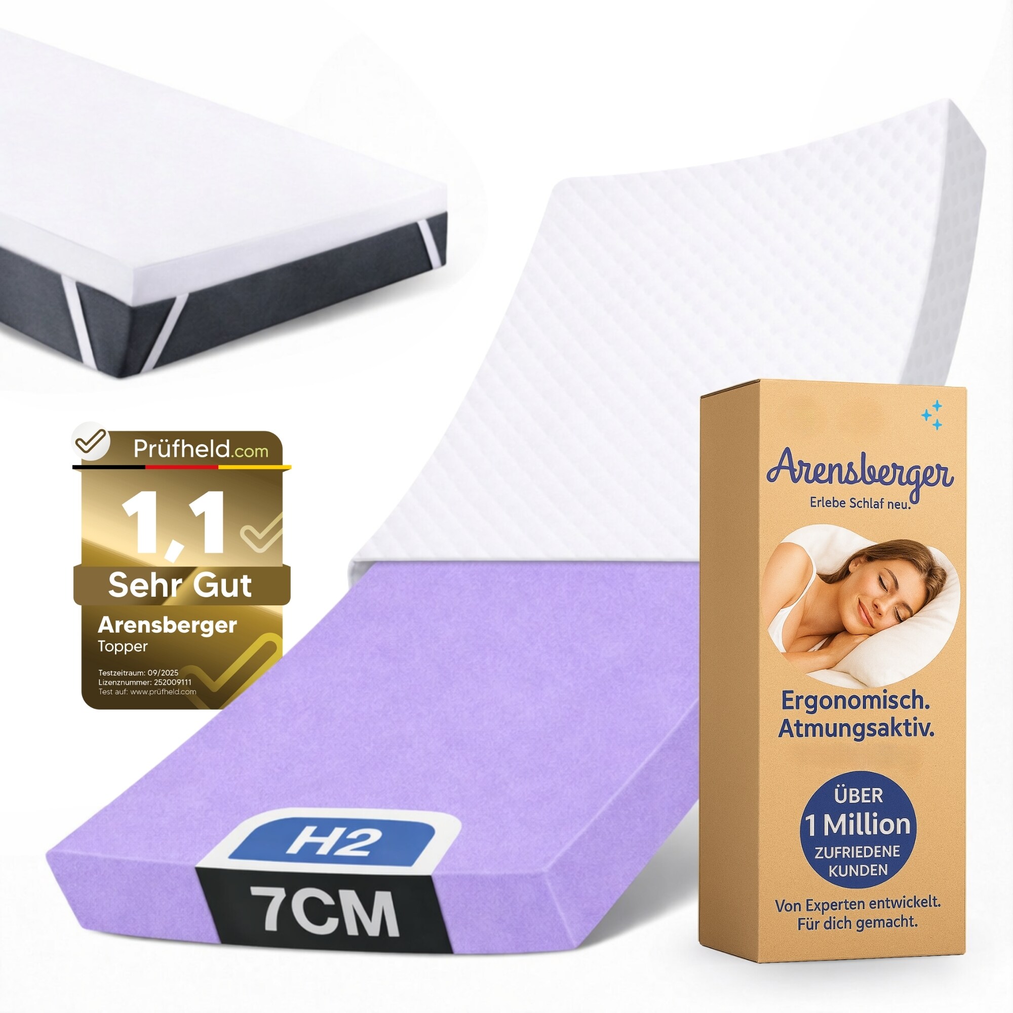 Arensberger Matratzen Topper SOFT Plus, Memory Foam Matratzentopper, waschbarer Bezug, geeignet f&uuml;r Federkern & Schaumstoff Matratzen, H2, Matratzenauflage H&ouml;he 7cm - Bild 1