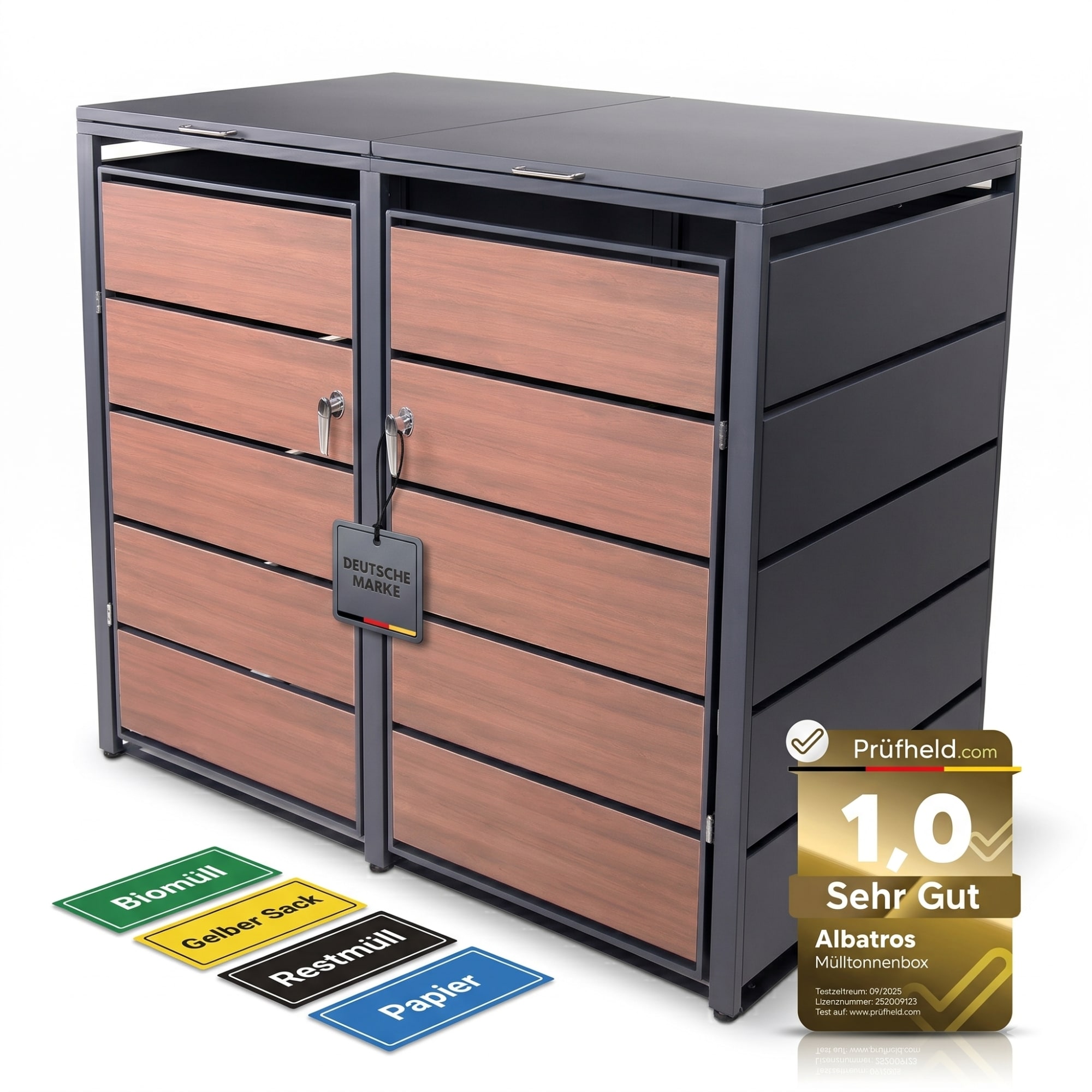 ALBATROS M&uuml;lltonnenbox 2er Holzdekor, 120L bis 240L, f&uuml;r Zwei Tonnen, M&uuml;lltonnenverkleidung aus verzinktem Metall mit Holzoptik, abschlie&szlig;bar, wetterfest, gepr&uuml;ft nach ISO9227, mit Aufkleber Set - Bild 1