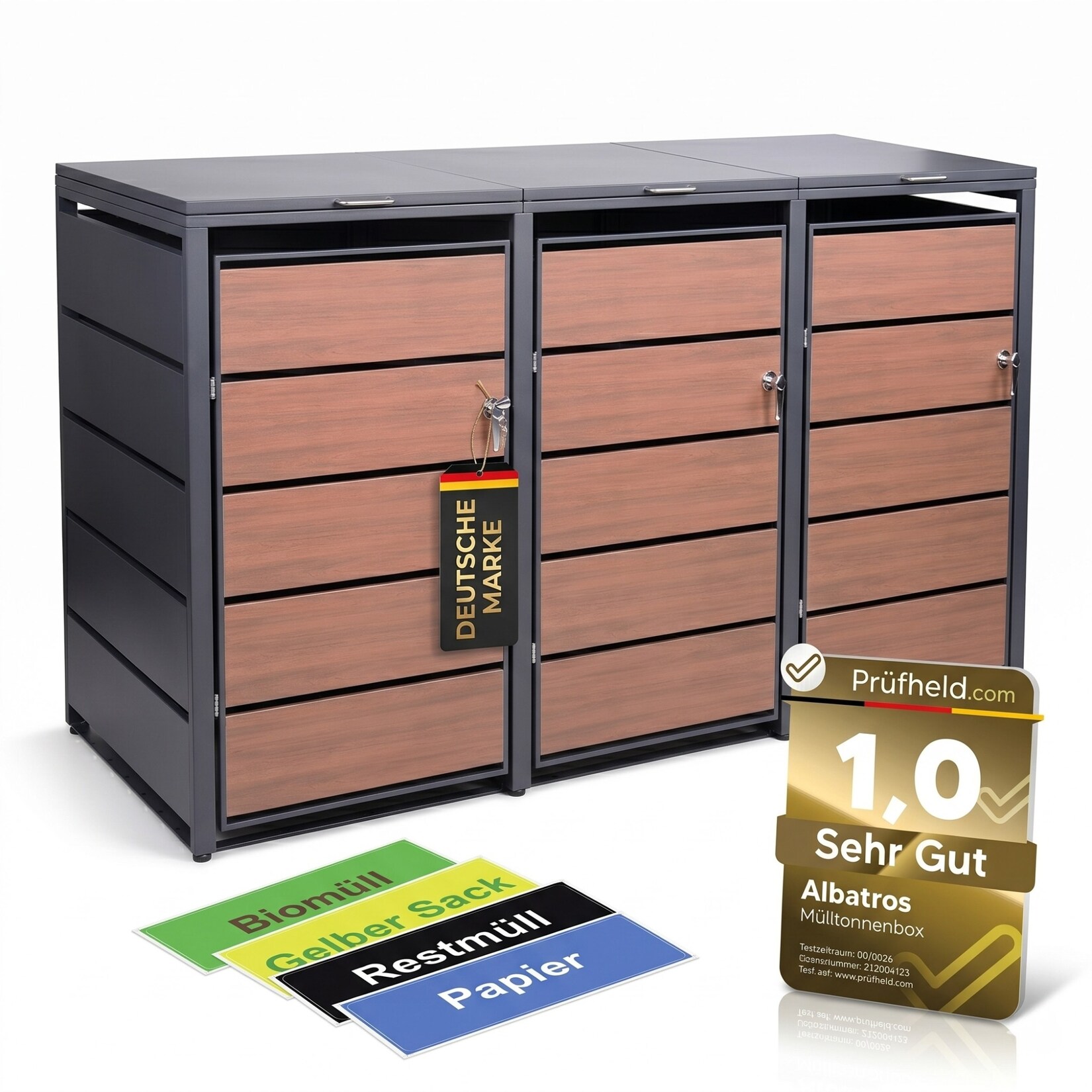 Mülltonnenbox 3er Holzdekor,  bis 240L, für Drei Tonnen, Mülltonnenverkleidung aus verzinktem Metall mit Holzdekor-Front, Anthrazit Grau RAL7016, abschließbar, wetterfest, geprüft nach ISO9227, mit Aufkleber Set