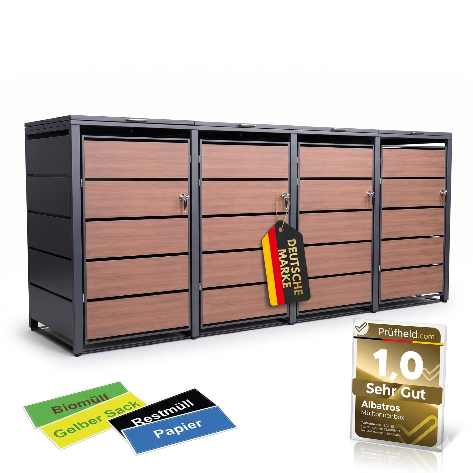 ALBATROS M&uuml;lltonnenbox 4er Holzdekor, 120L bis 240L, f&uuml;r Vier Tonnen, M&uuml;lltonnenverkleidung aus verzinktem Metall mit Holzdekor-Front, Anthrazit Grau RAL7016, abschlie&szlig;bar, wetterfest, gepr&uuml;ft nach ISO9227, mit Aufkleber Set - Bild 1